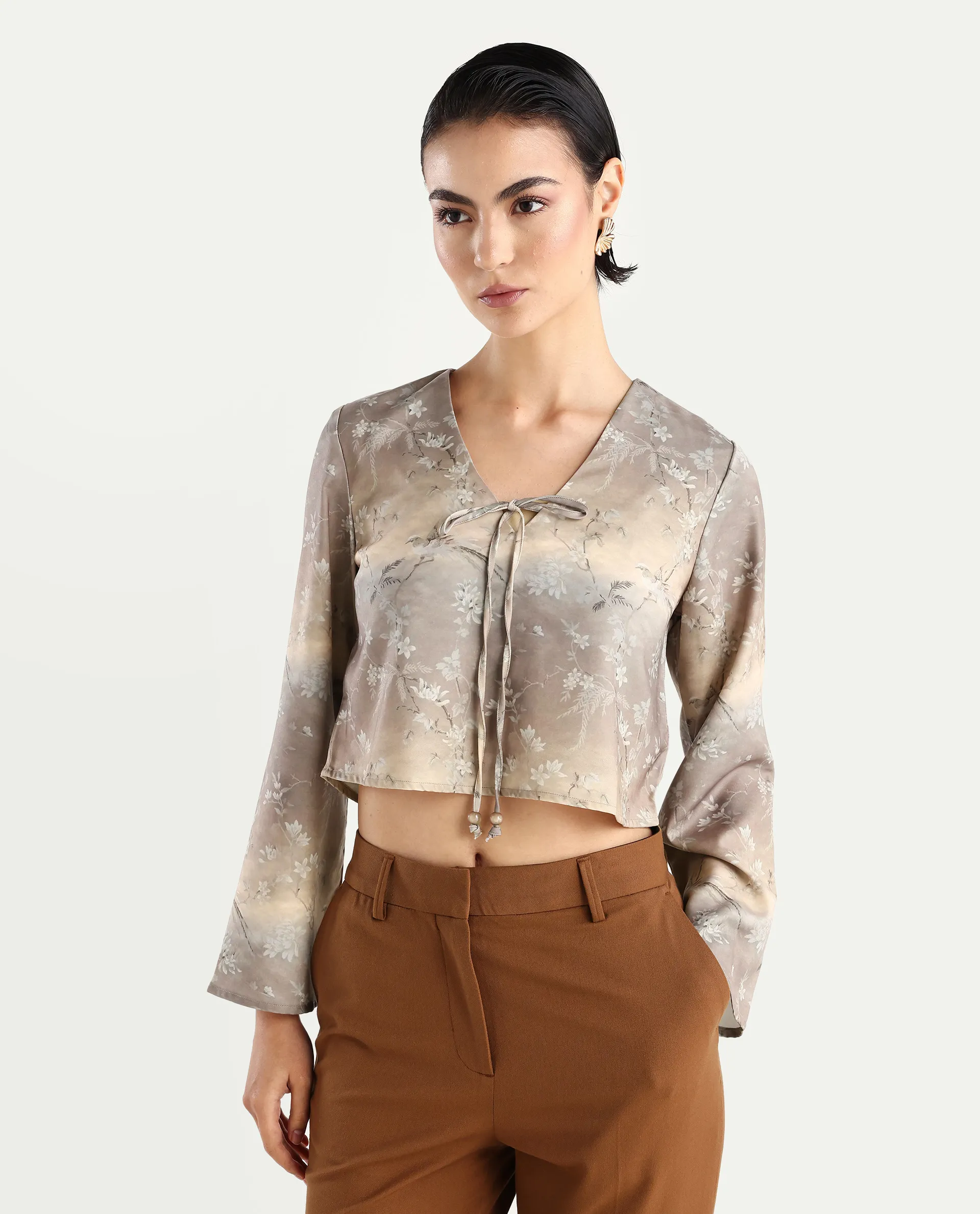 Rareism Women's Poulop Dusky Black Satin V-Neck Floral Print Bell Sleeve Crop Regular Fit Top - Image 3