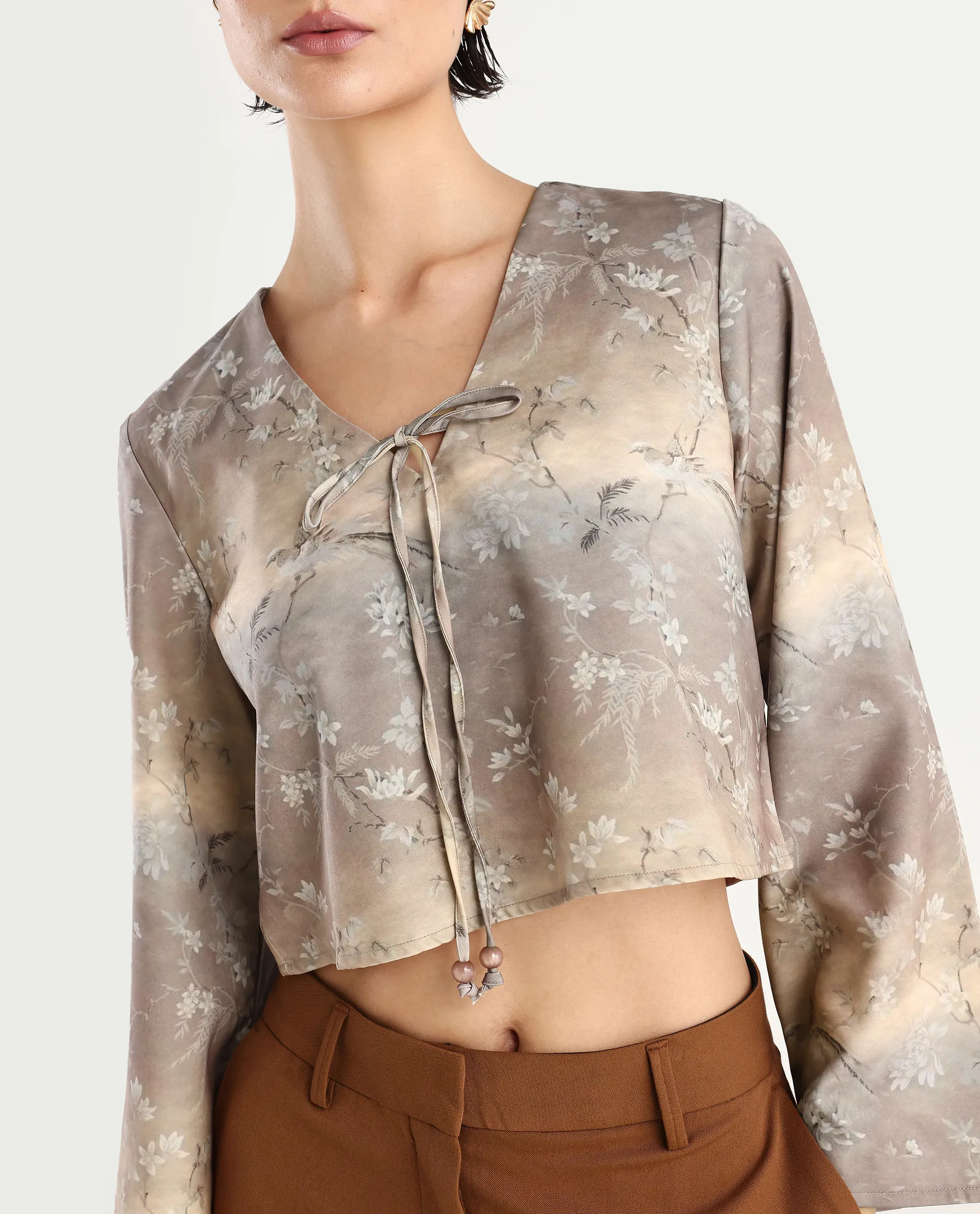 Rareism Women's Poulop Dusky Black Satin V-Neck Floral Print Bell Sleeve Crop Regular Fit Top - Image 4