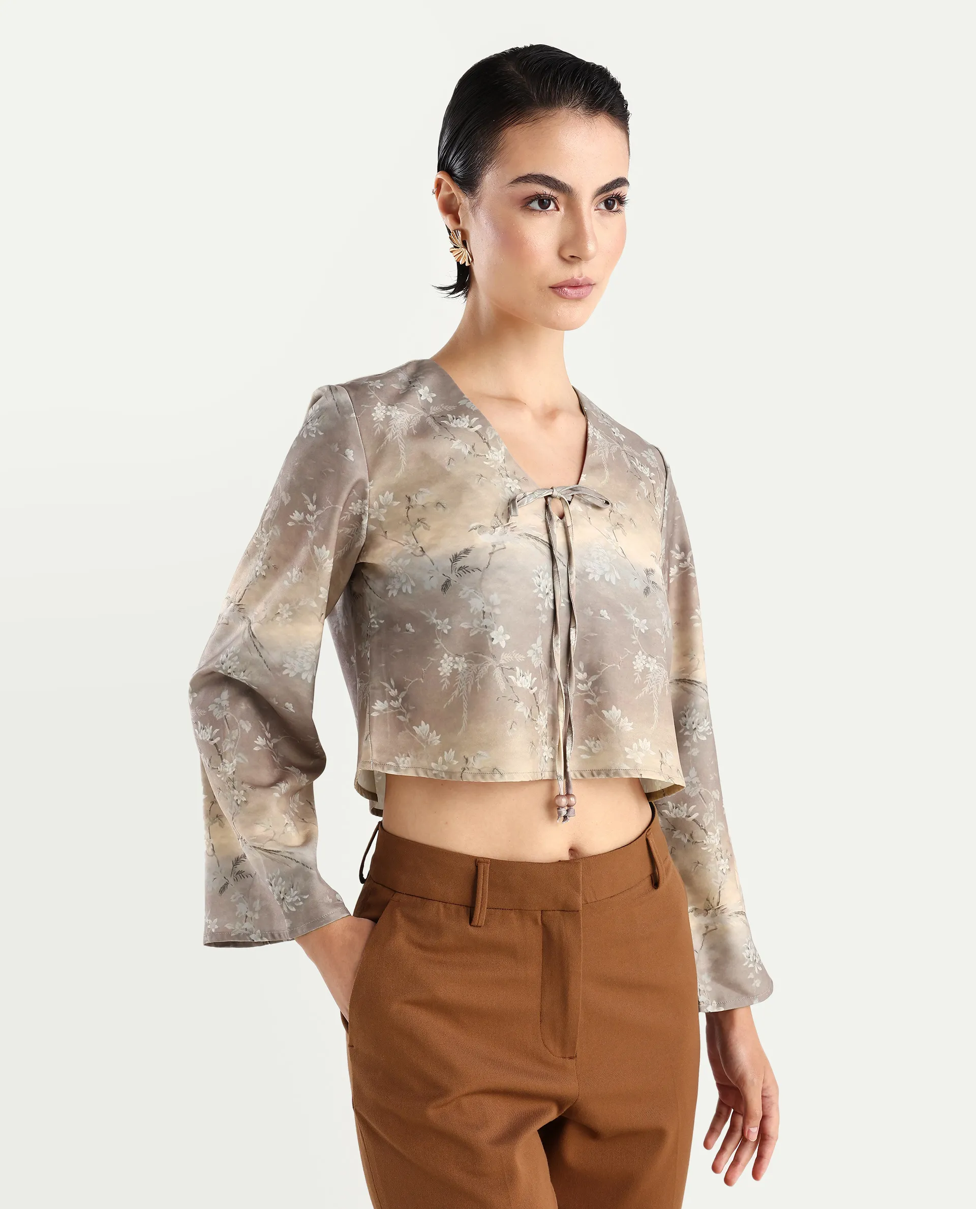 Rareism Women's Poulop Dusky Black Satin V-Neck Floral Print Bell Sleeve Crop Regular Fit Top - Image 5