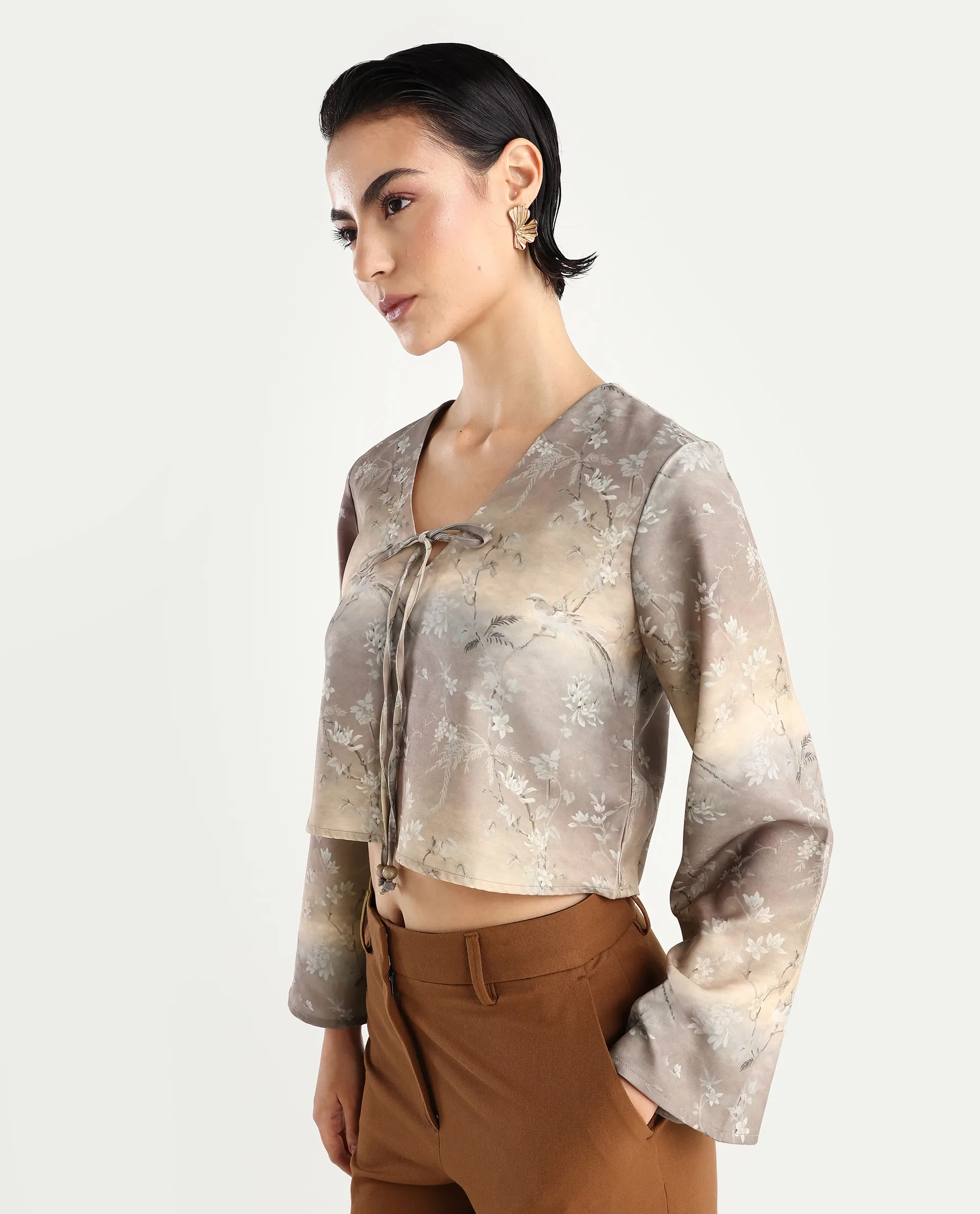 Rareism Women's Poulop Dusky Black Satin V-Neck Floral Print Bell Sleeve Crop Regular Fit Top - Image 6