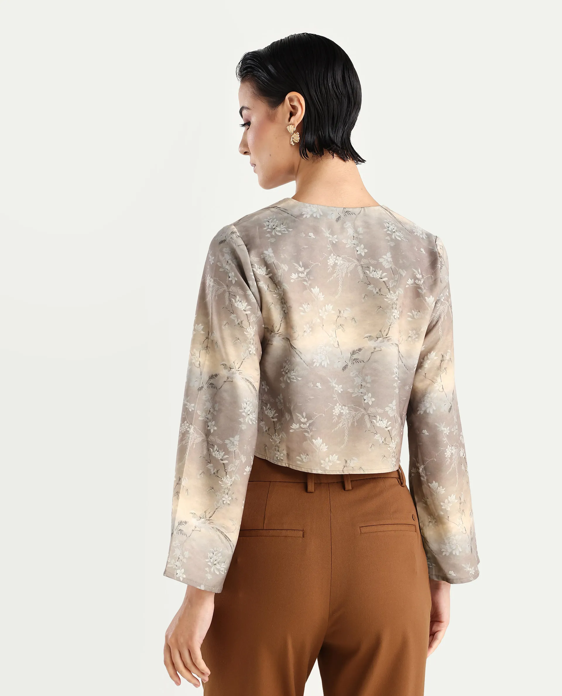 Rareism Women's Poulop Dusky Black Satin V-Neck Floral Print Bell Sleeve Crop Regular Fit Top - Image 7