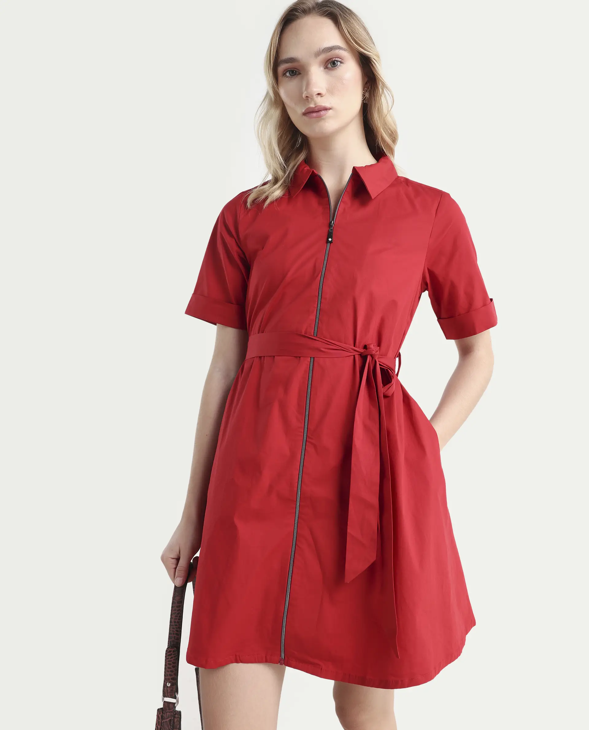 Rareism Women's Poutf Rust Cotton Blend Drop Collar Plain Mini Flared Dress