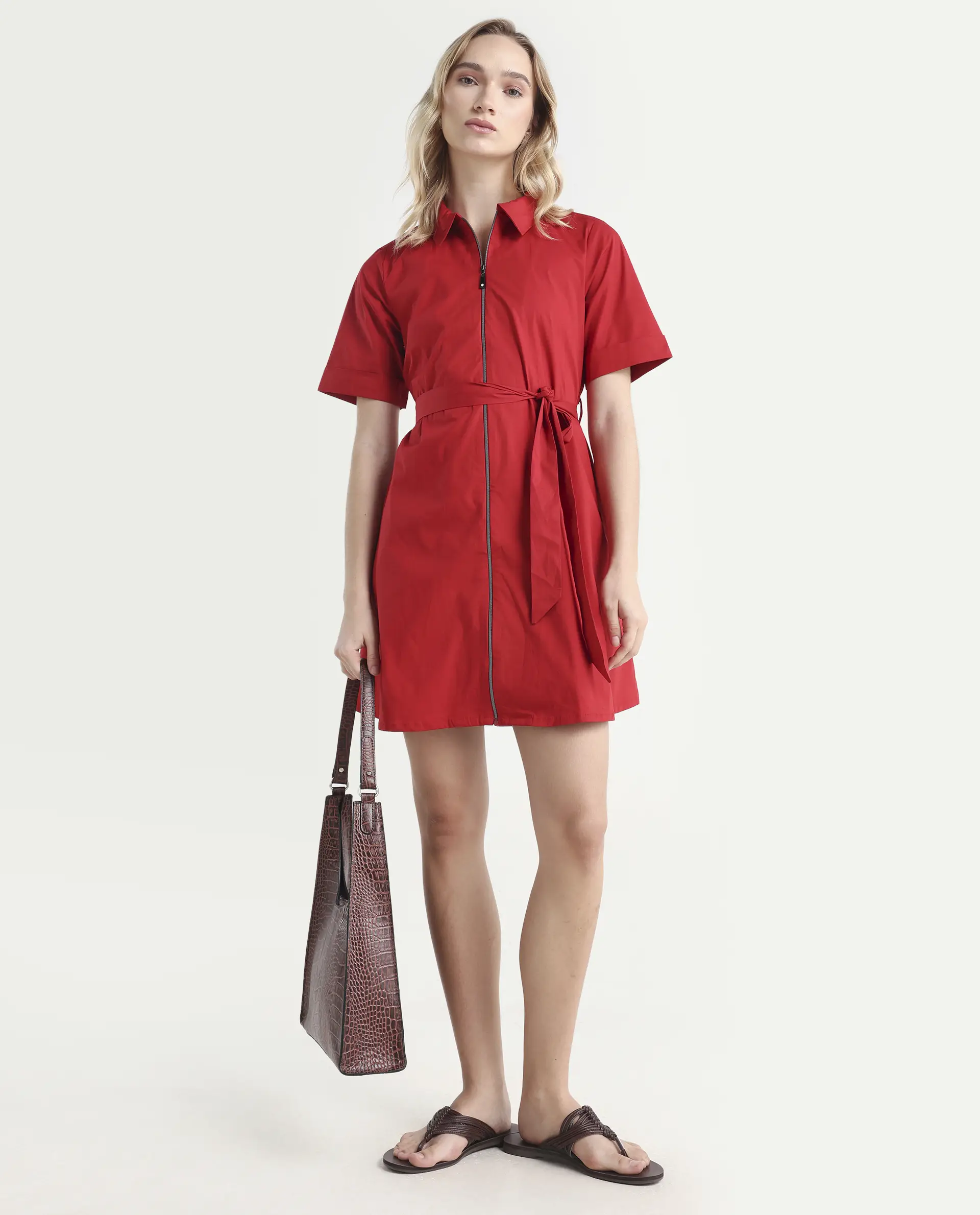 Rareism Women's Poutf Rust Cotton Blend Drop Collar Plain Mini Flared Dress - Image 2
