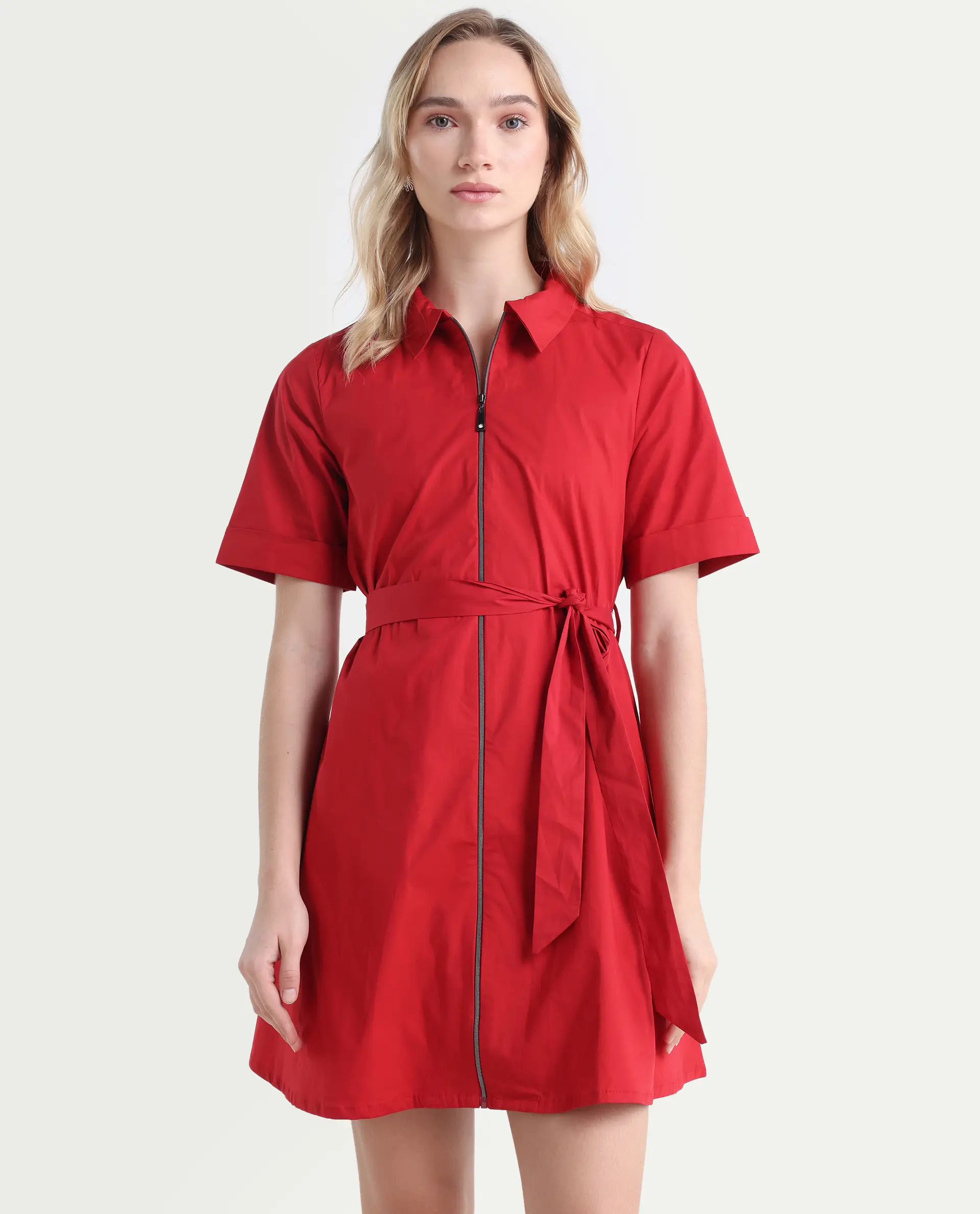 Rareism Women's Poutf Rust Cotton Blend Drop Collar Plain Mini Flared Dress - Image 3
