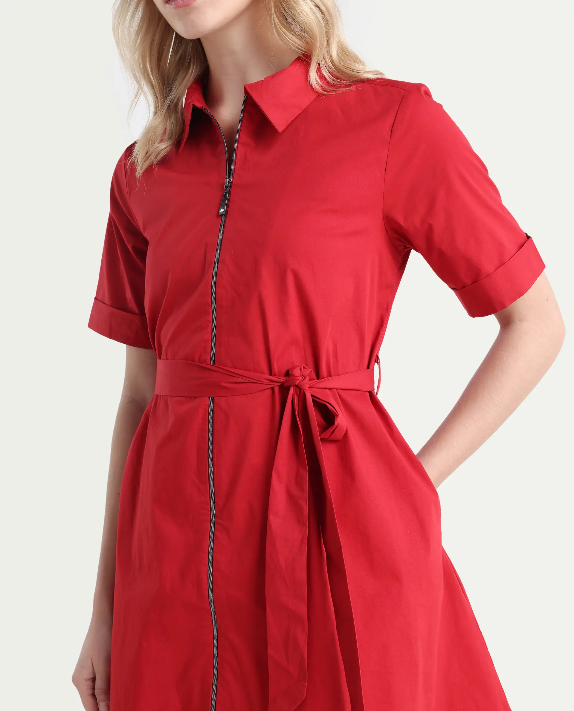 Rareism Women's Poutf Rust Cotton Blend Drop Collar Plain Mini Flared Dress - Image 4