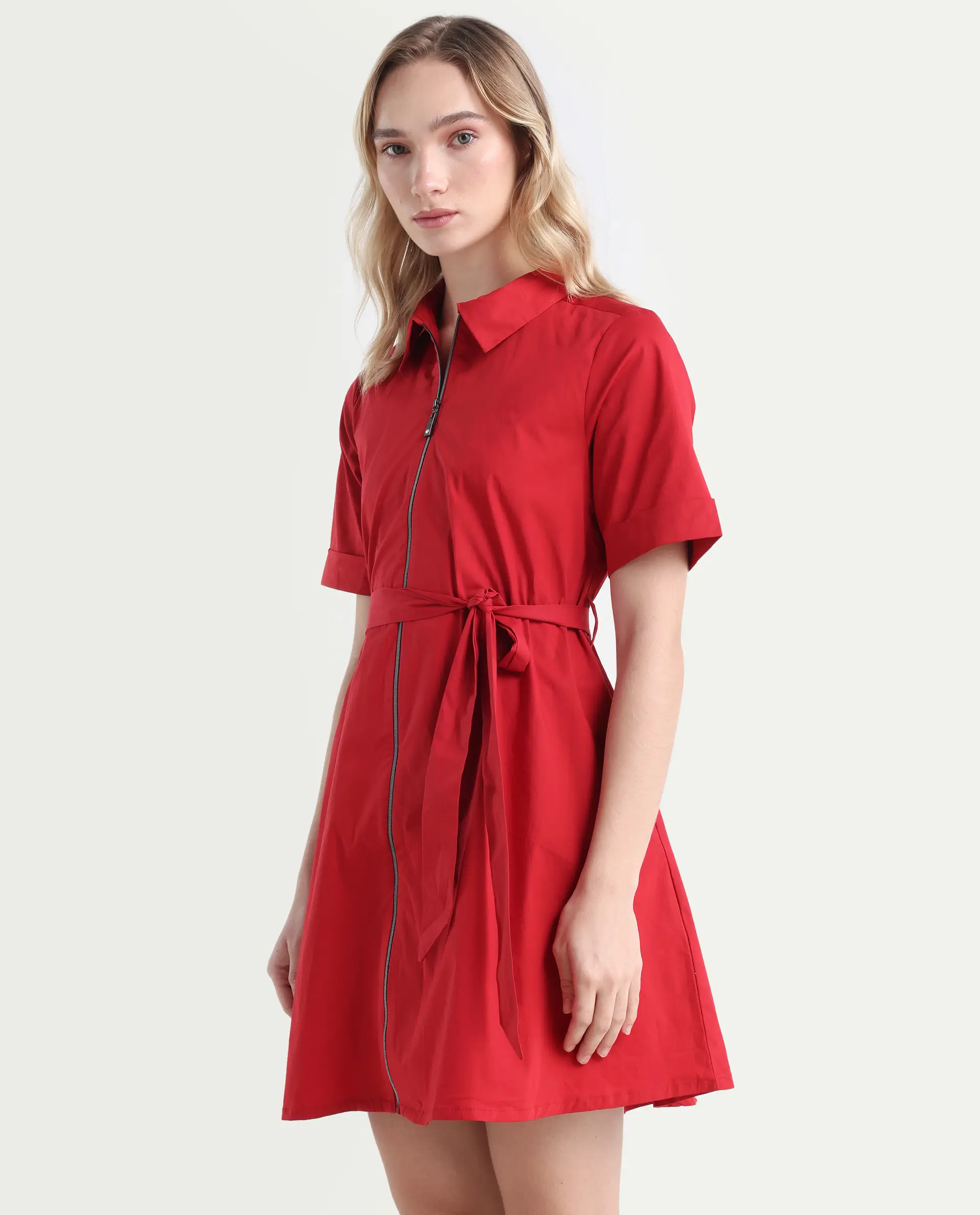 Rareism Women's Poutf Rust Cotton Blend Drop Collar Plain Mini Flared Dress - Image 5