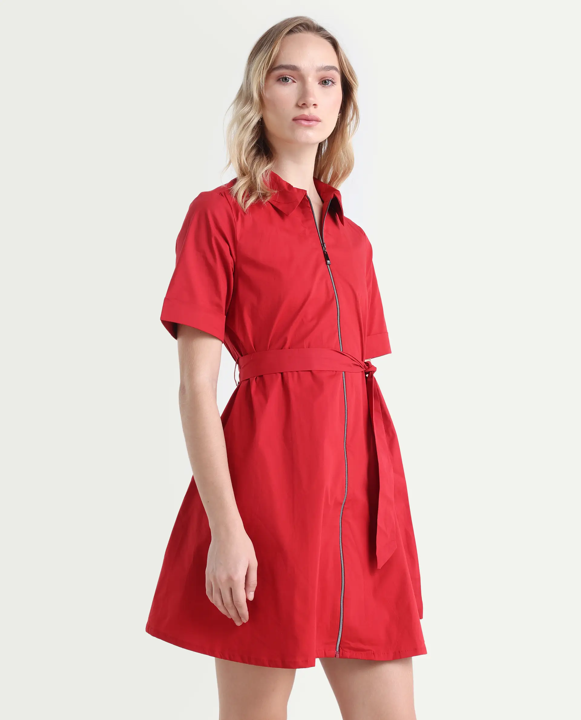 Rareism Women's Poutf Rust Cotton Blend Drop Collar Plain Mini Flared Dress - Image 6