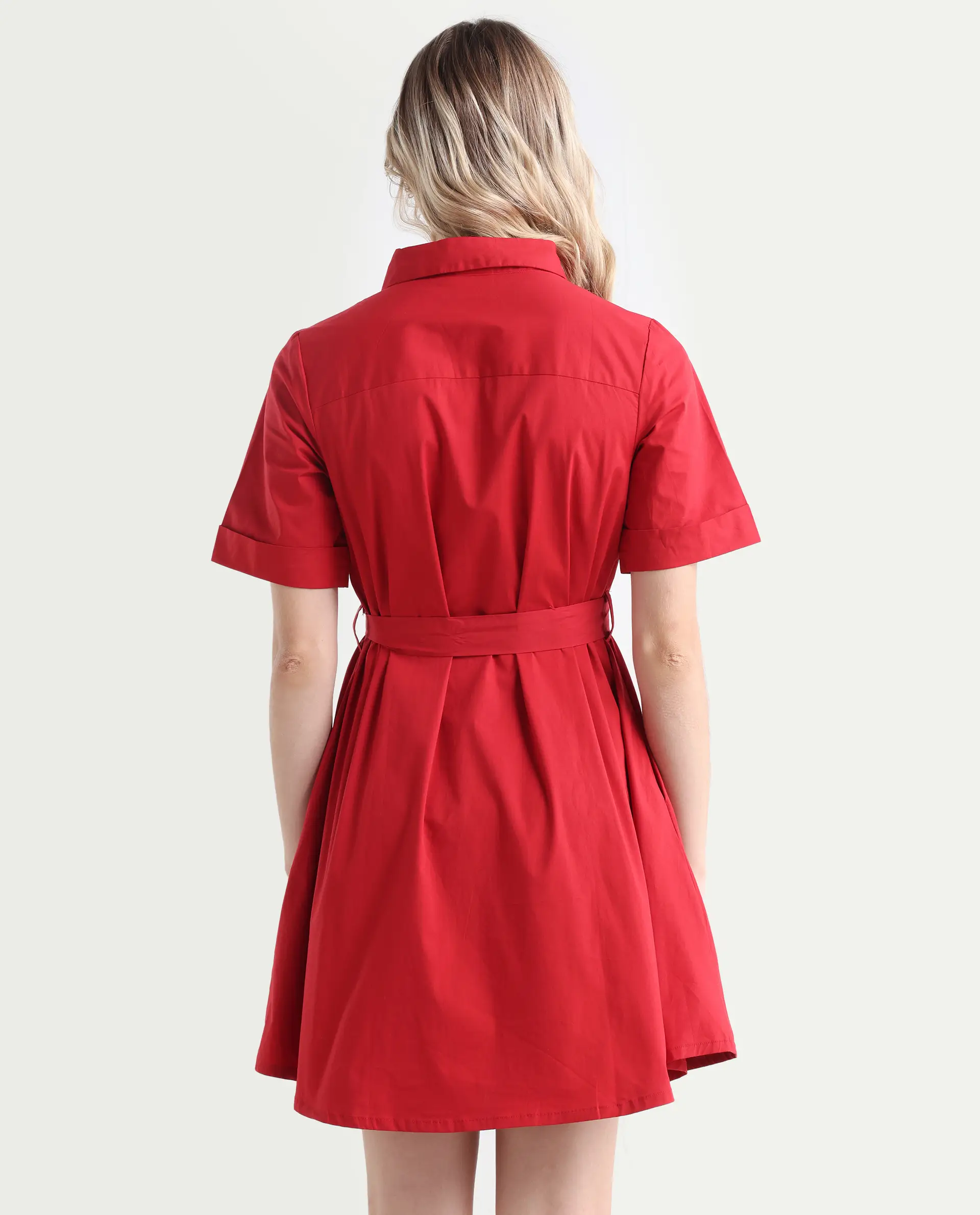 Rareism Women's Poutf Rust Cotton Blend Drop Collar Plain Mini Flared Dress - Image 7