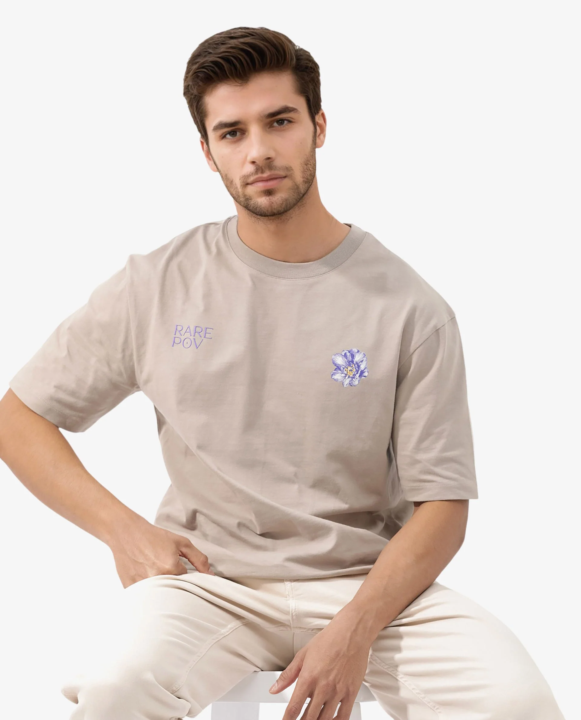 Rare Rabbit Articale Men's Pov Dusky Beige Cotton Polyester Fabric Crew Neck Oversized Fit Graphic Print T-Shirt - Image 2