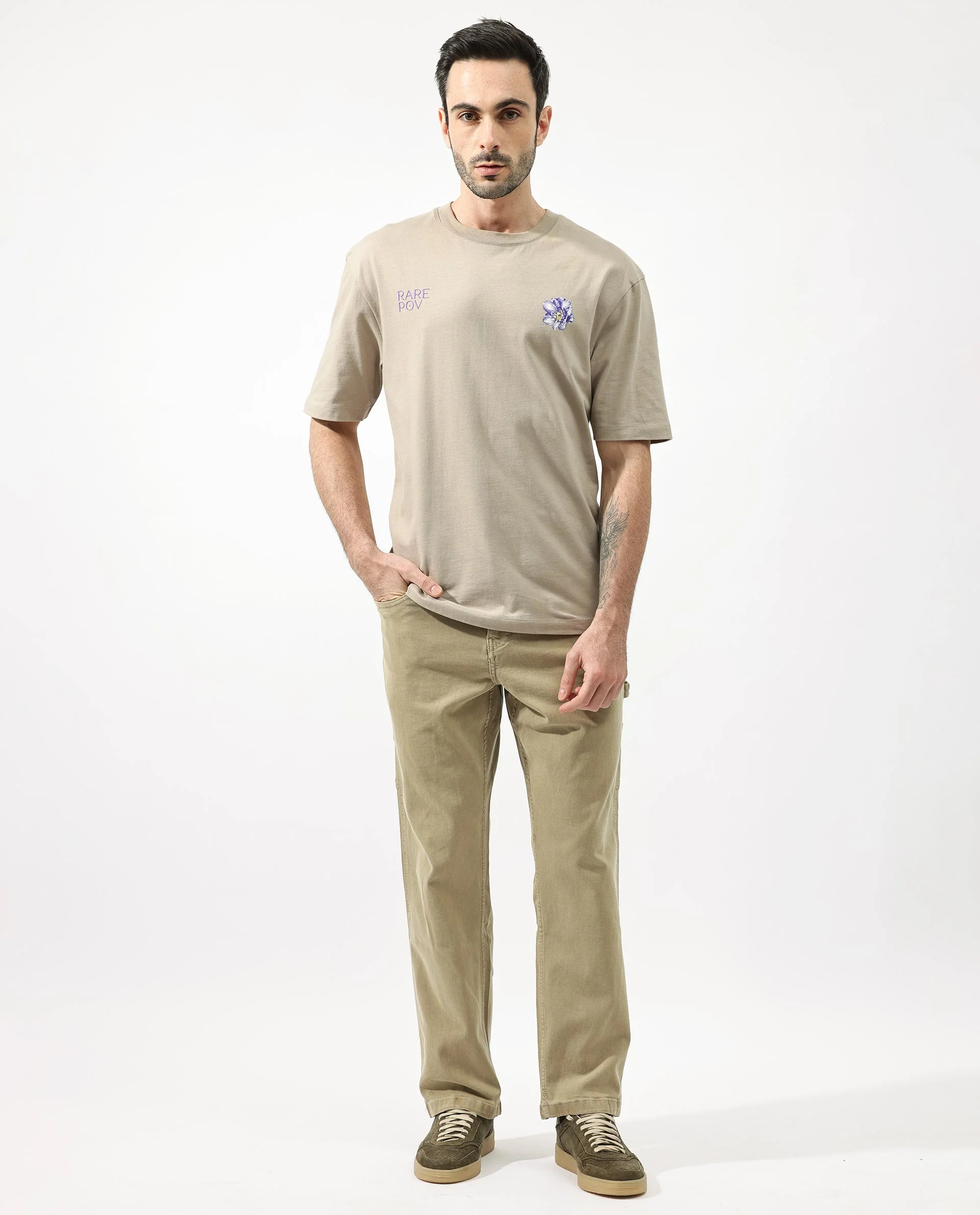 Rare Rabbit Articale Men's Pov Dusky Beige Cotton Polyester Fabric Crew Neck Oversized Fit Graphic Print T-Shirt - Image 3