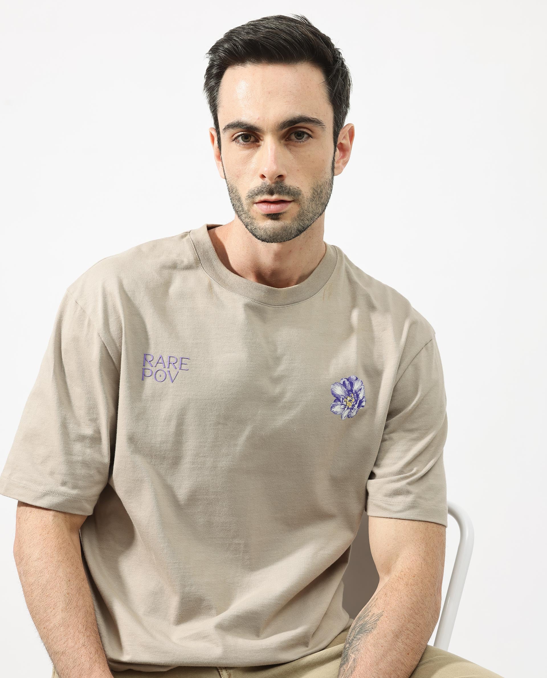Rare Rabbit Articale Men's Pov Dusky Beige Cotton Polyester Fabric Crew Neck Oversized Fit Graphic Print T-Shirt - Image 4