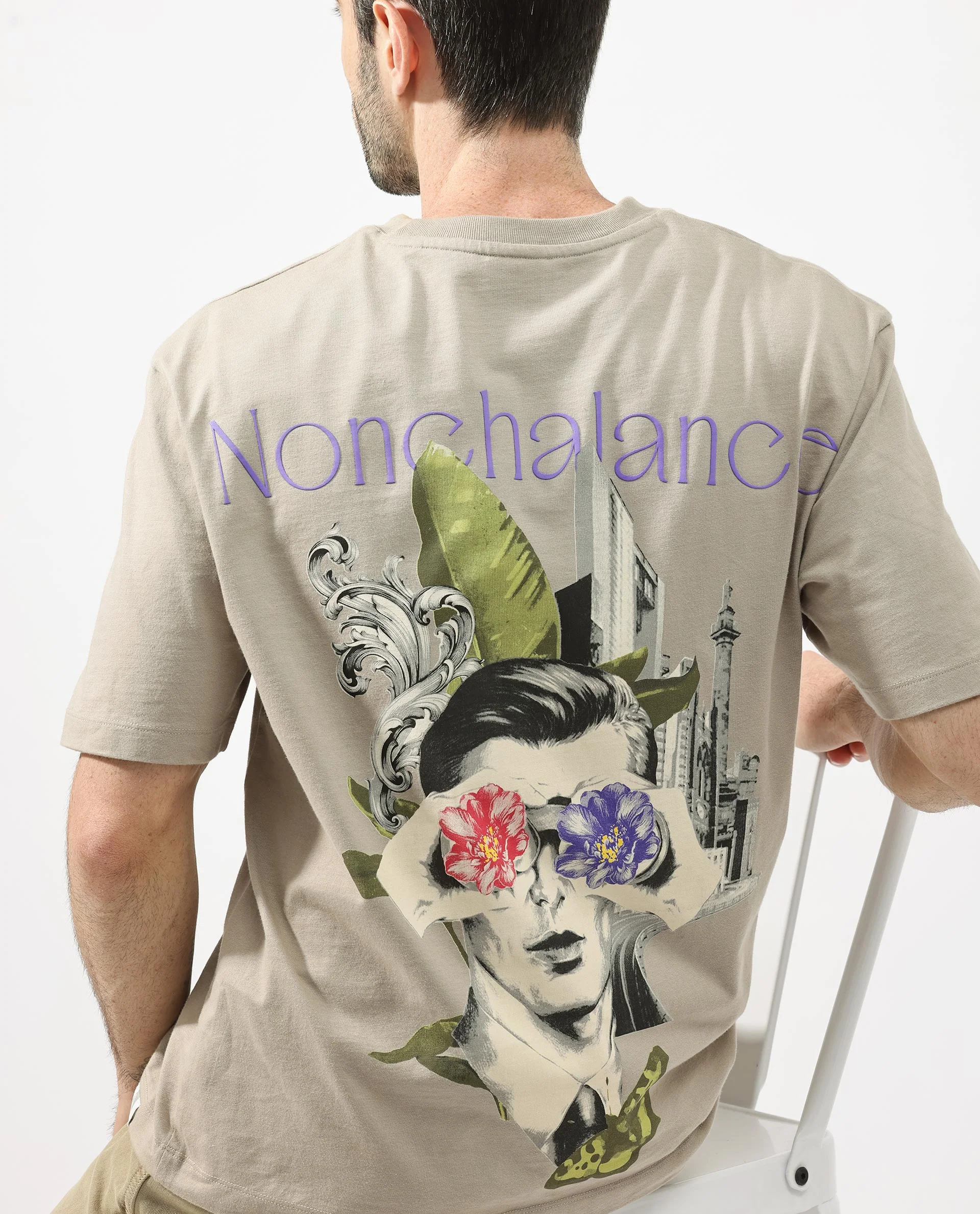 Rare Rabbit Articale Men's Pov Dusky Beige Cotton Polyester Fabric Crew Neck Oversized Fit Graphic Print T-Shirt - Image 5