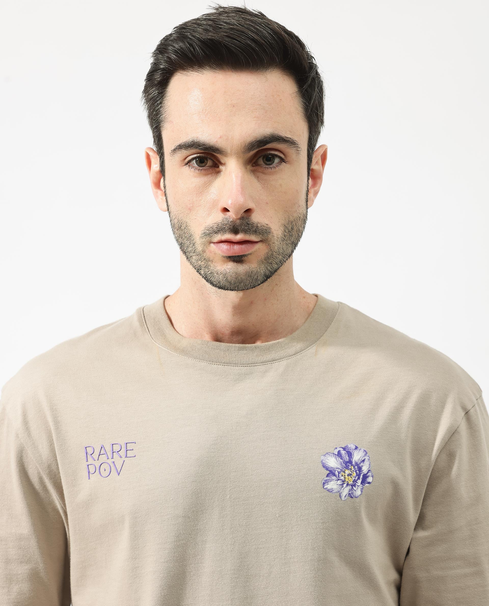 Rare Rabbit Articale Men's Pov Dusky Beige Cotton Polyester Fabric Crew Neck Oversized Fit Graphic Print T-Shirt - Image 6