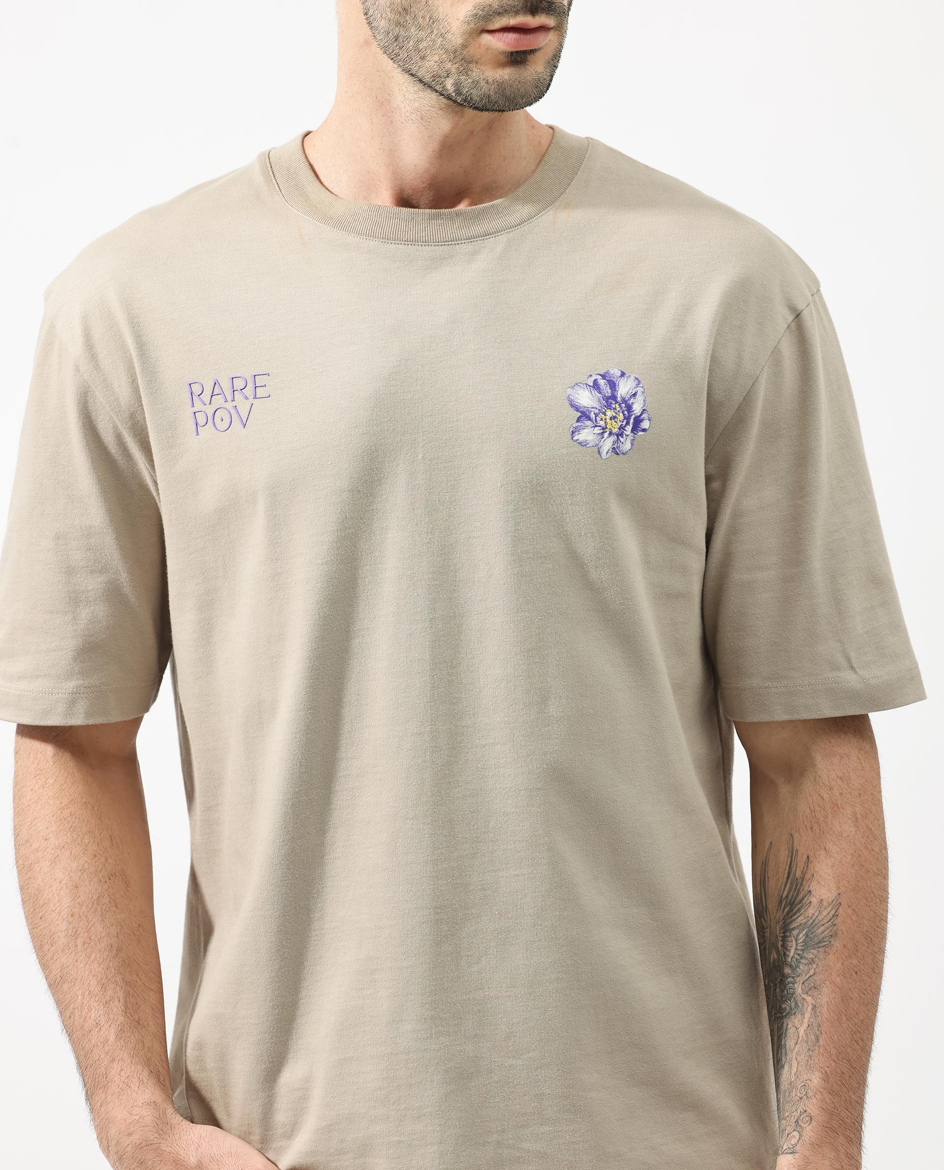 Rare Rabbit Articale Men's Pov Dusky Beige Cotton Polyester Fabric Crew Neck Oversized Fit Graphic Print T-Shirt - Image 7
