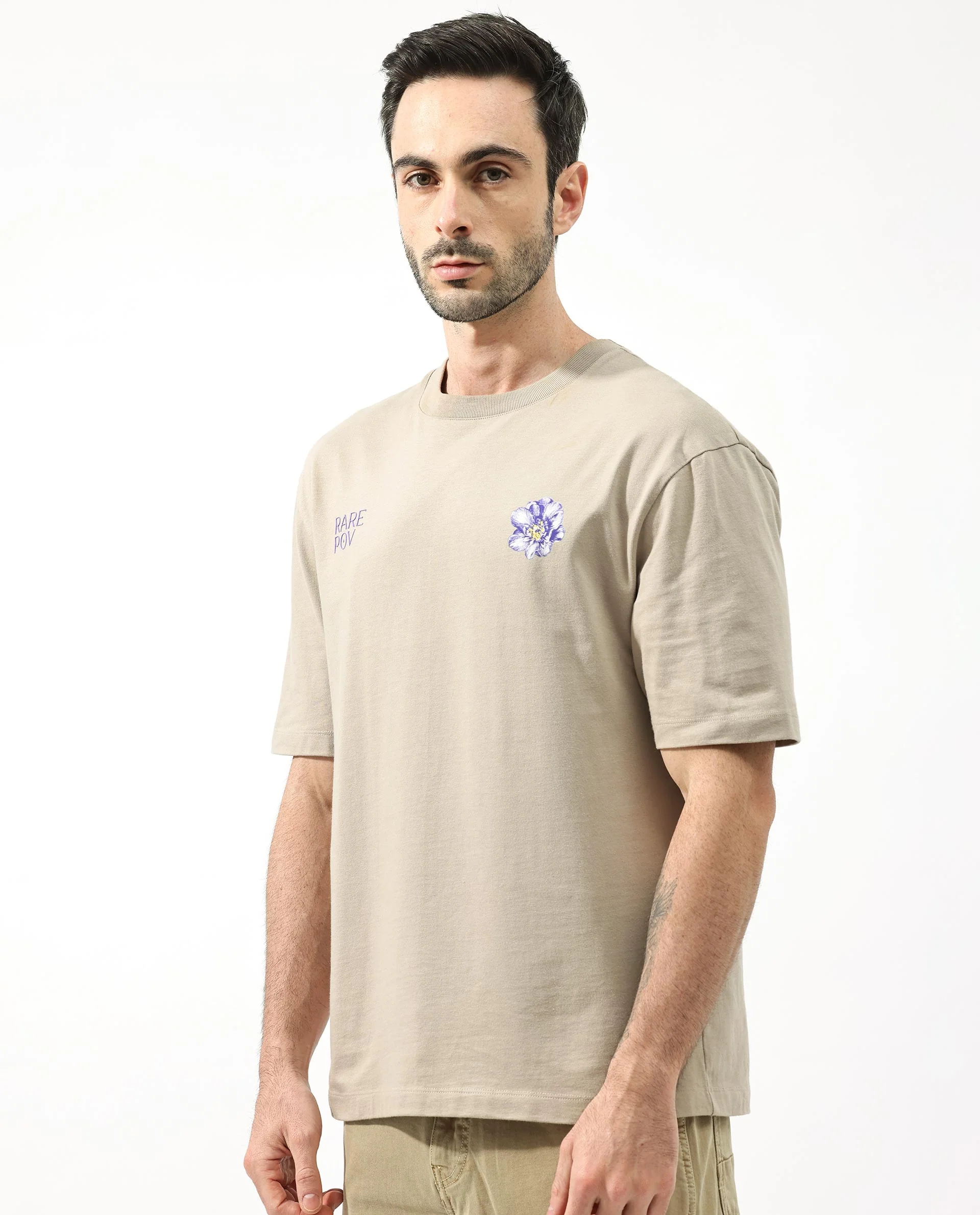 Rare Rabbit Articale Men's Pov Dusky Beige Cotton Polyester Fabric Crew Neck Oversized Fit Graphic Print T-Shirt - Image 8