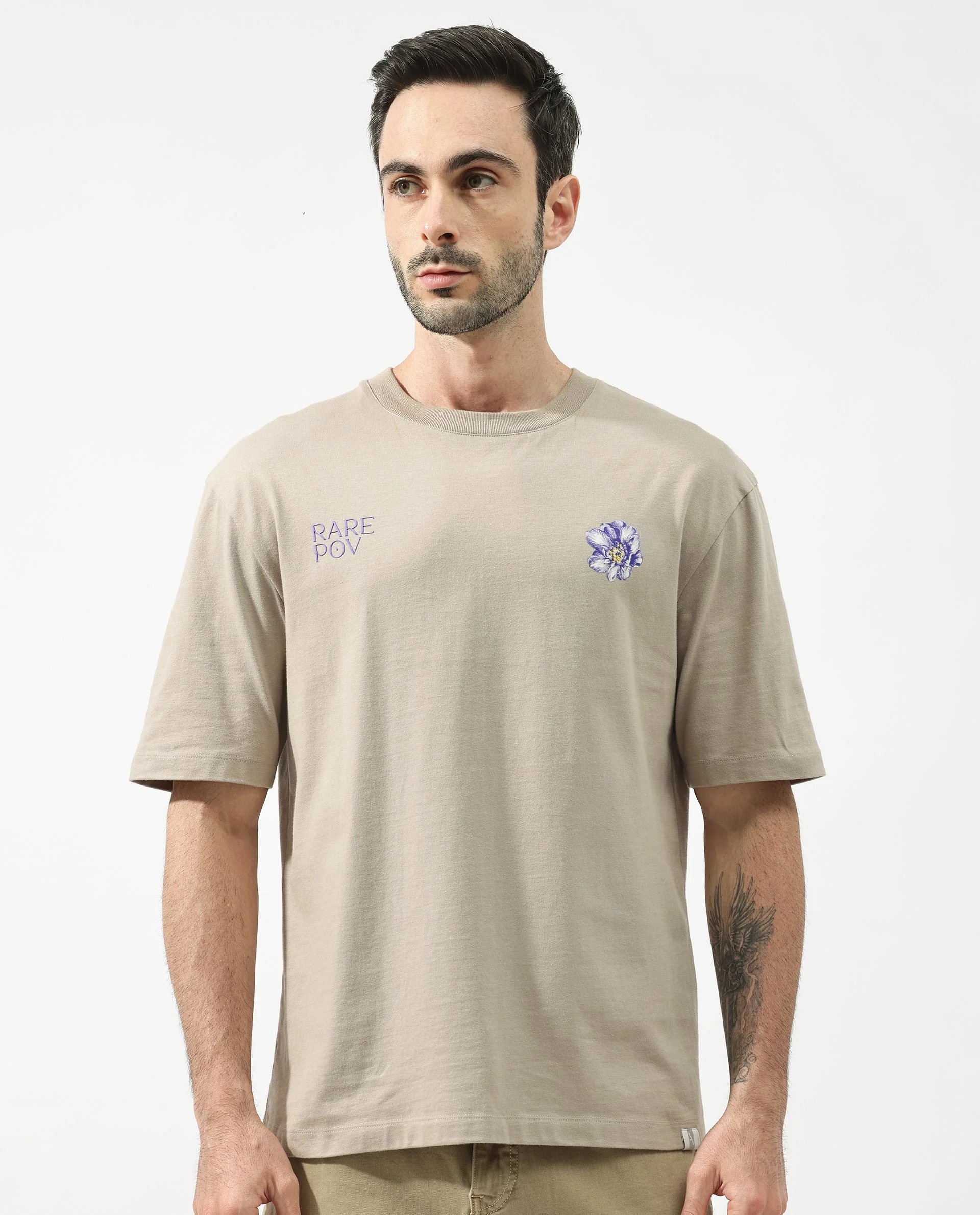 Rare Rabbit Articale Men's Pov Dusky Beige Cotton Polyester Fabric Crew Neck Oversized Fit Graphic Print T-Shirt - Image 9