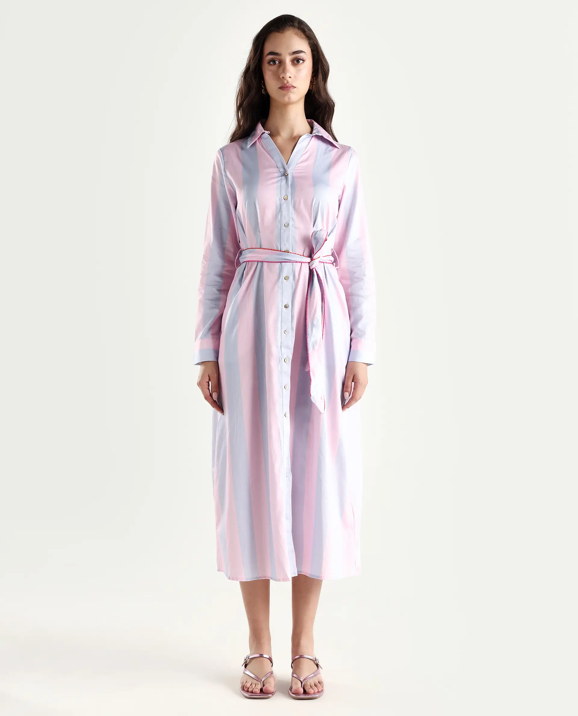 Rareism Women's Prach Pink Cotton Spread Collar Striped Knee Length Regular Fit Dress - Image 2