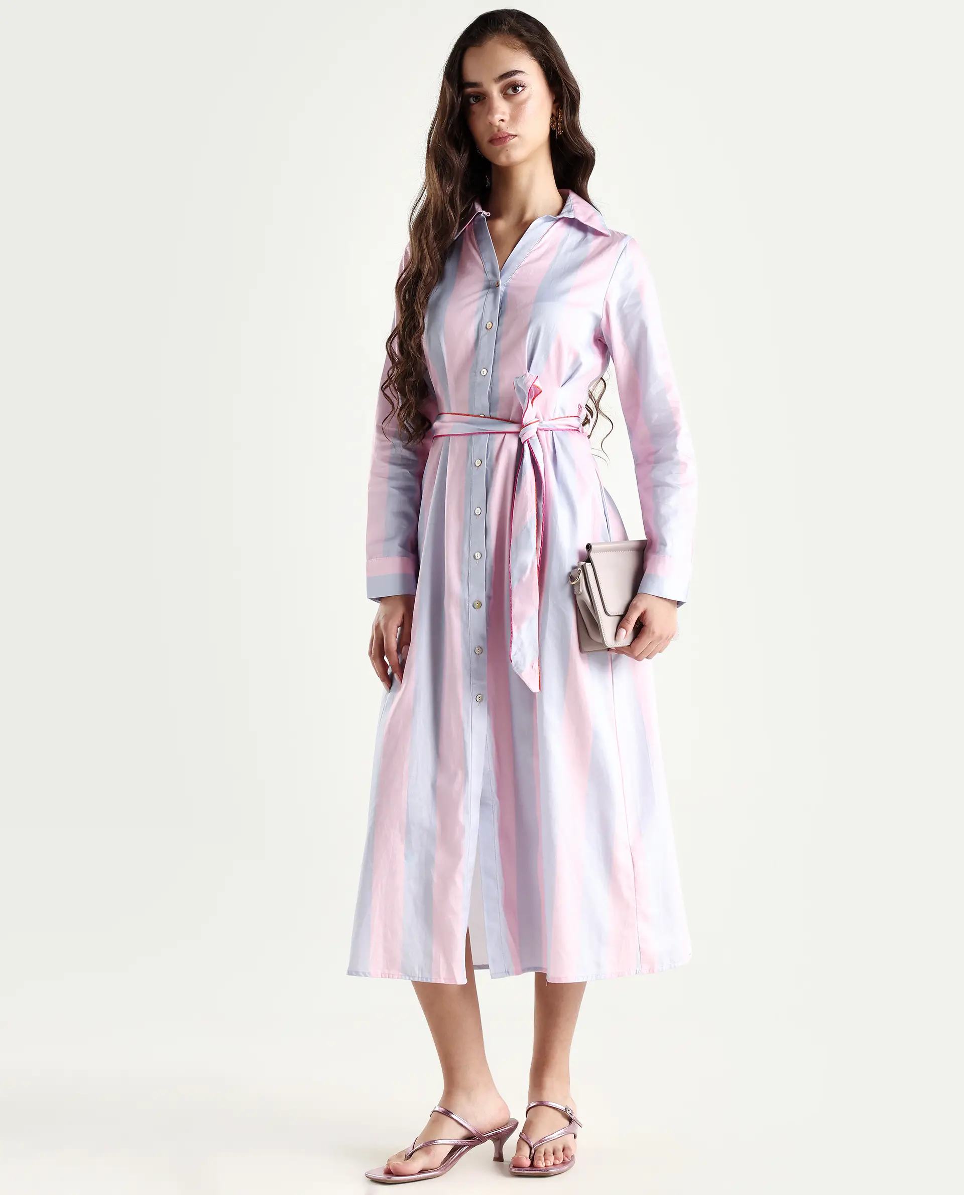 Rareism Women's Prach Pink Cotton Spread Collar Striped Knee Length Regular Fit Dress - Image 4