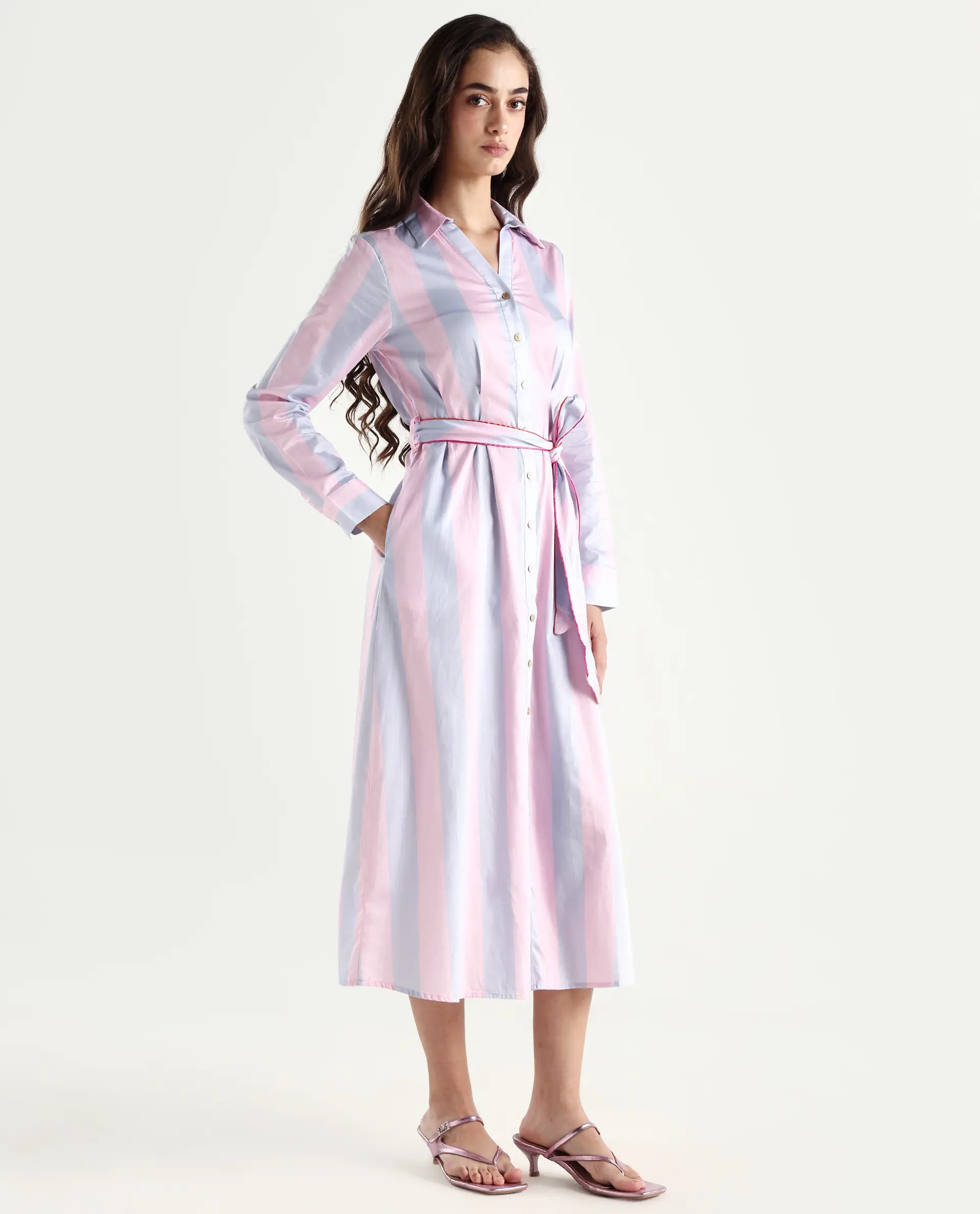 Rareism Women's Prach Pink Cotton Spread Collar Striped Knee Length Regular Fit Dress - Image 5