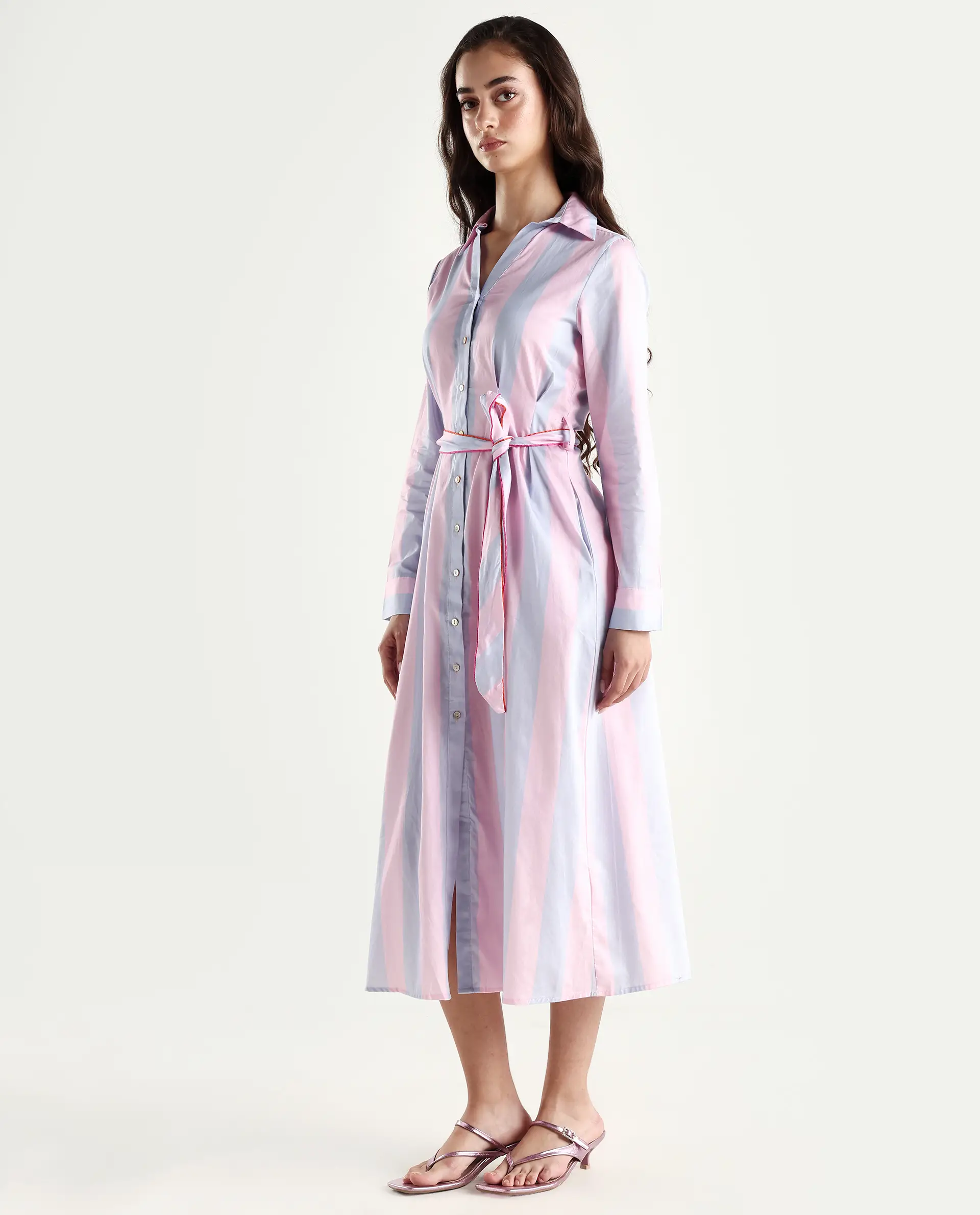 Rareism Women's Prach Pink Cotton Spread Collar Striped Knee Length Regular Fit Dress - Image 6
