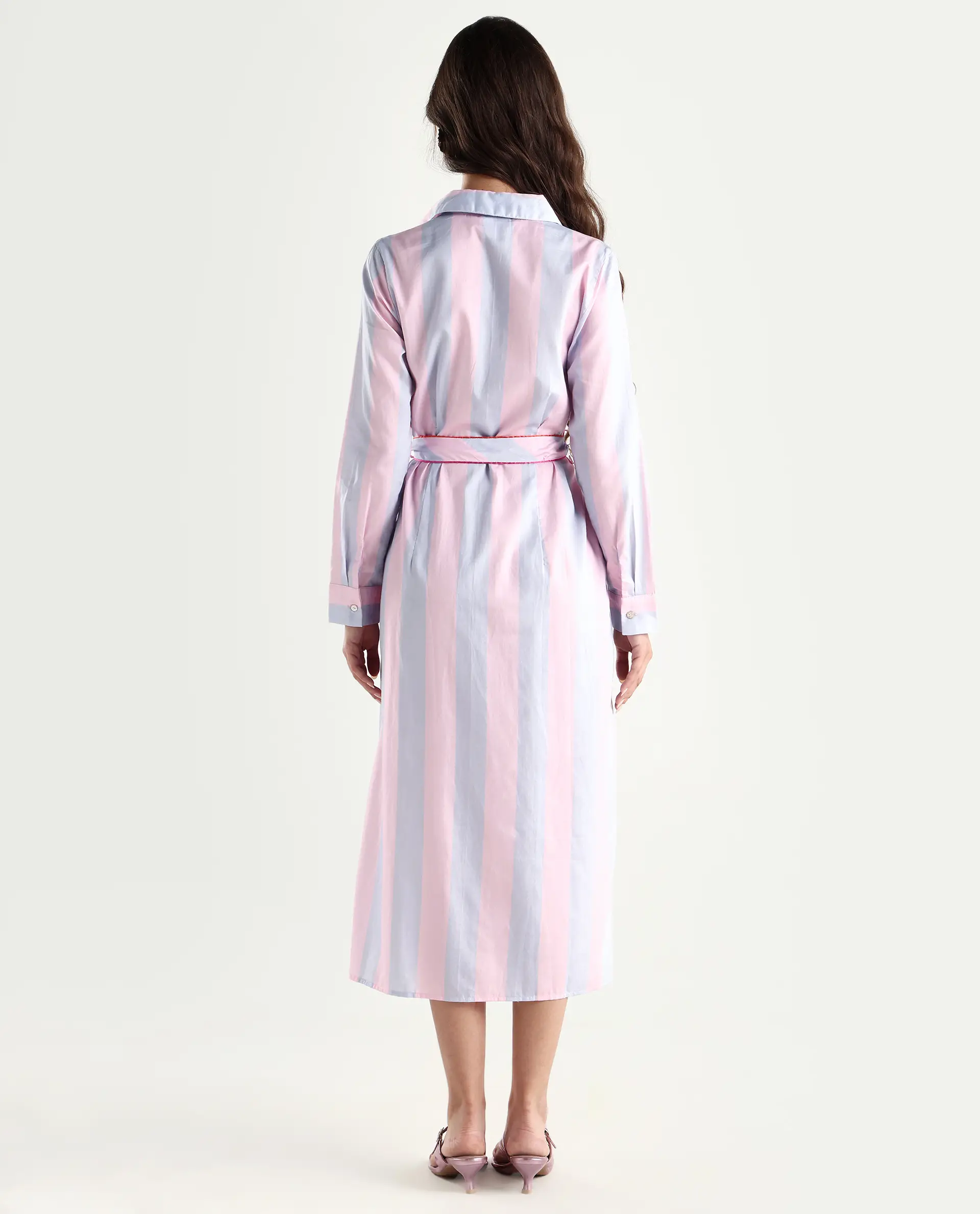 Rareism Women's Prach Pink Cotton Spread Collar Striped Knee Length Regular Fit Dress - Image 7