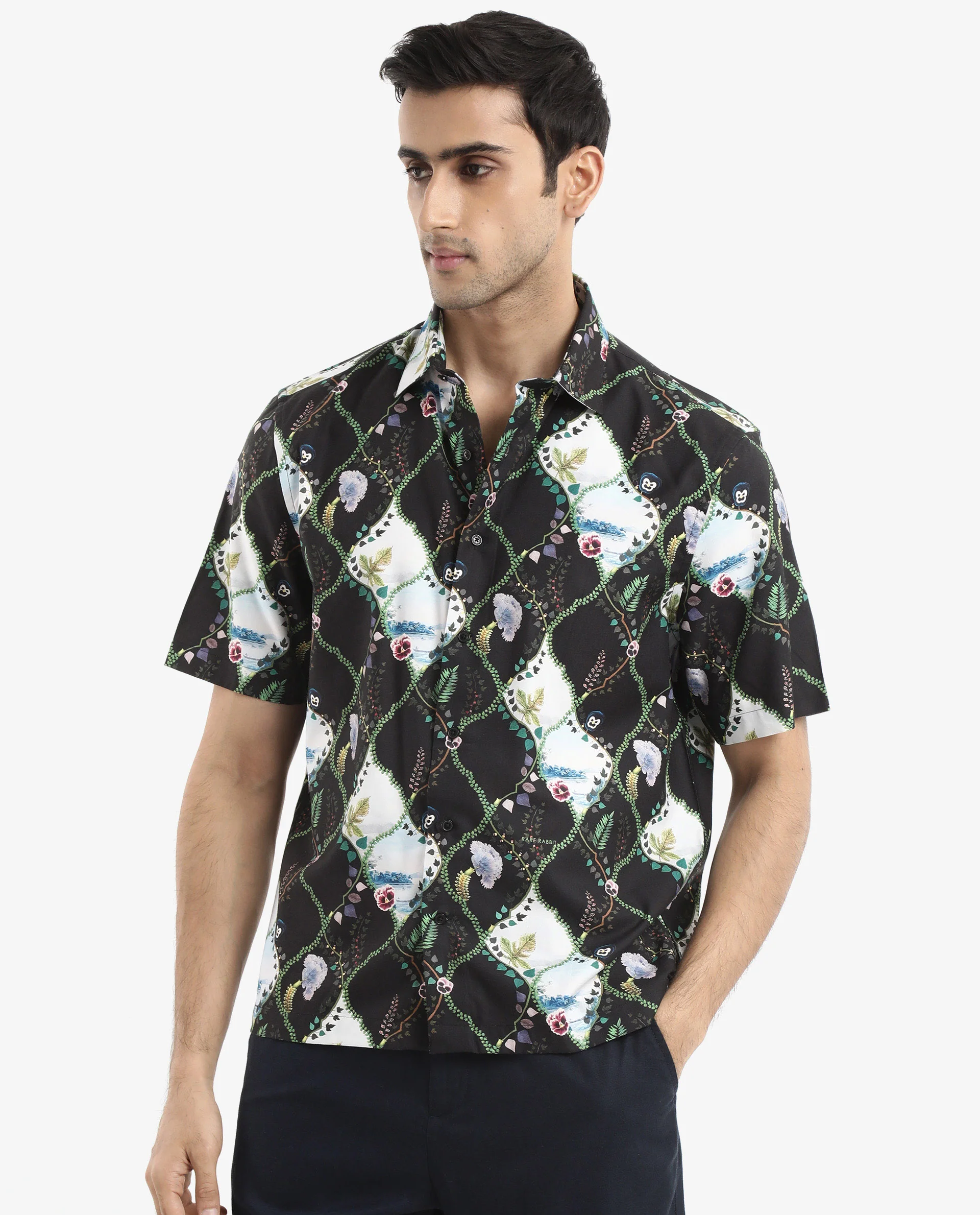 Rare Rabbit Men's Pran Black Viscose Floral Print Regular Fit Half Sleeve Collared Shirt - Image 2