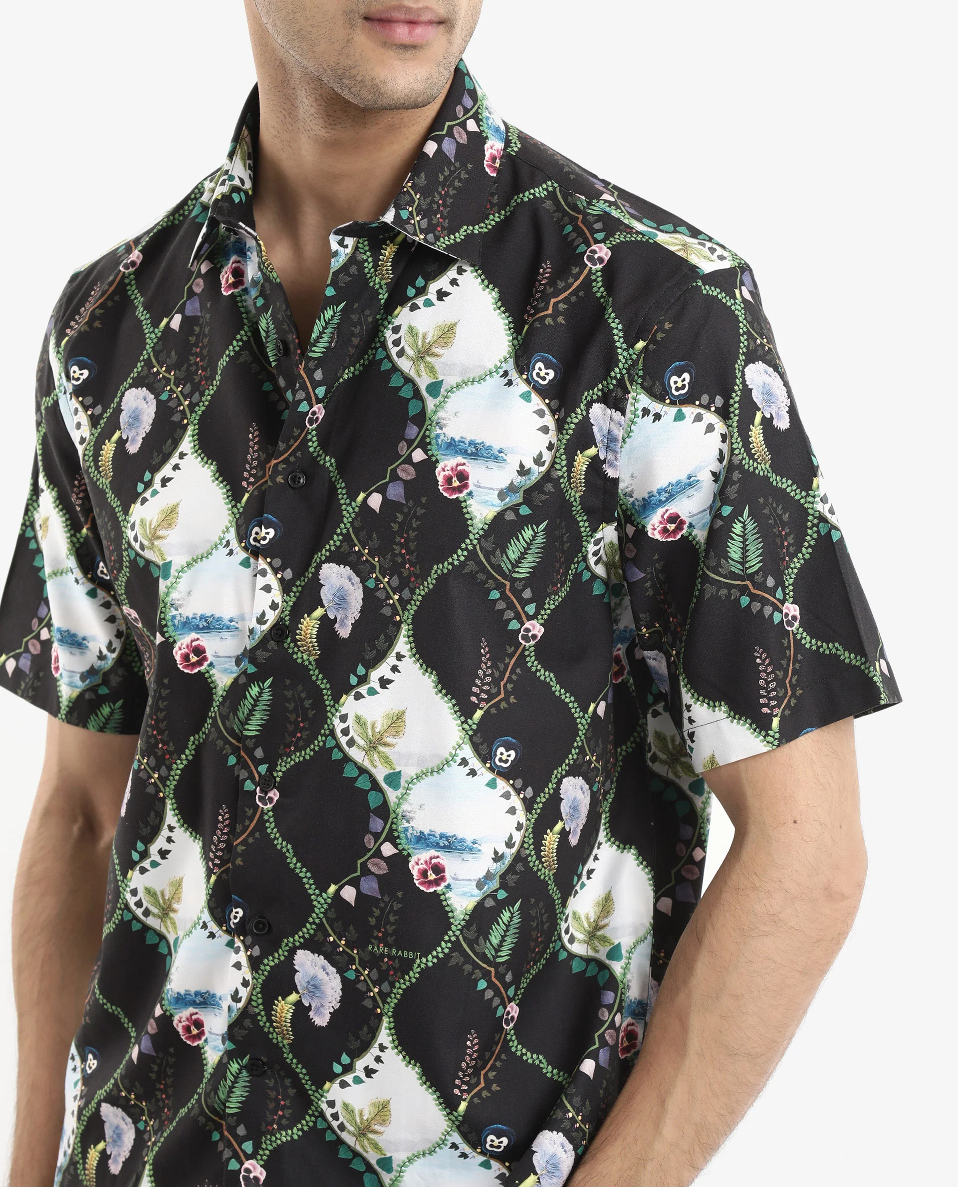 Rare Rabbit Men's Pran Black Viscose Floral Print Regular Fit Half Sleeve Collared Shirt - Image 3