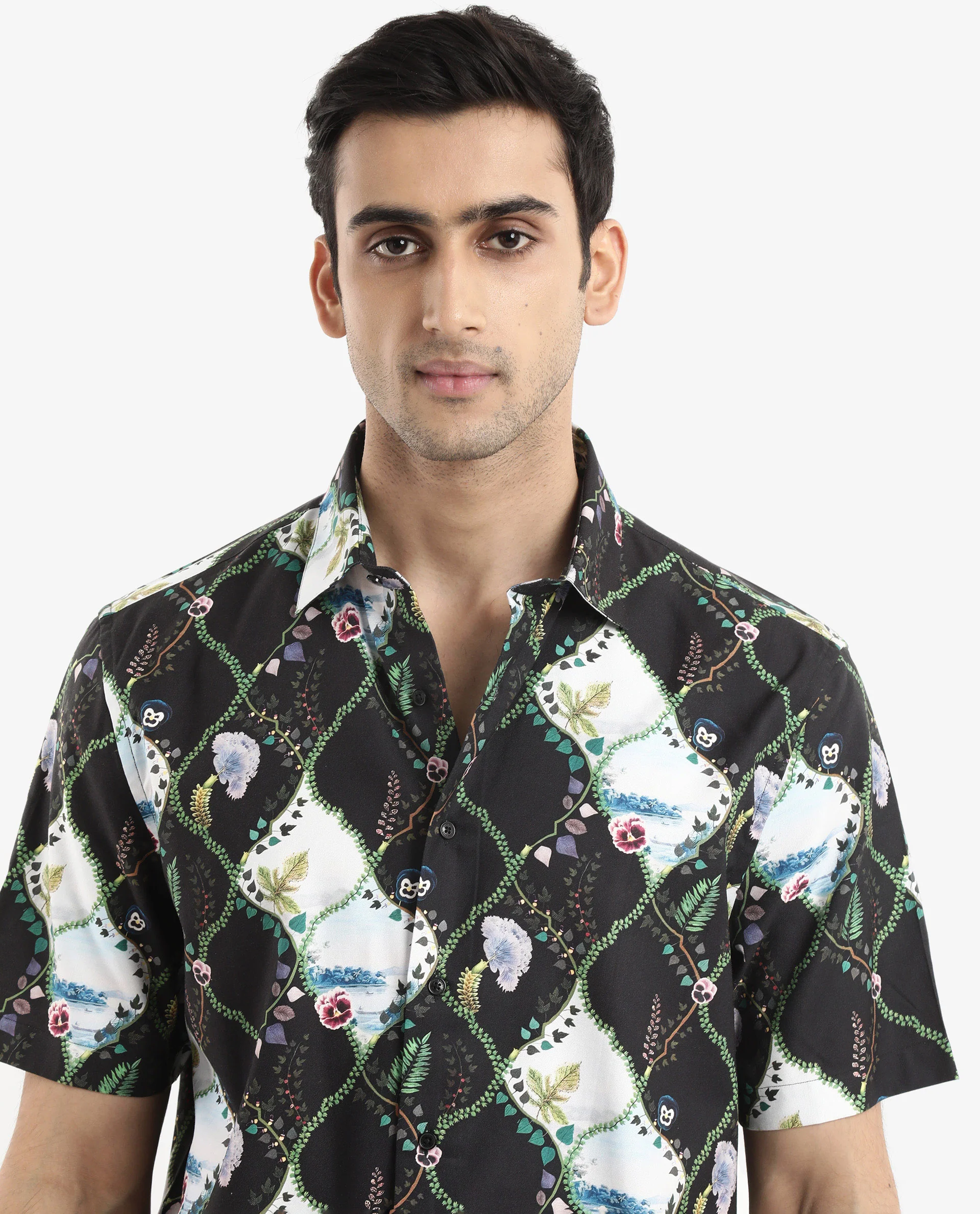 Rare Rabbit Men's Pran Black Viscose Floral Print Regular Fit Half Sleeve Collared Shirt - Image 4