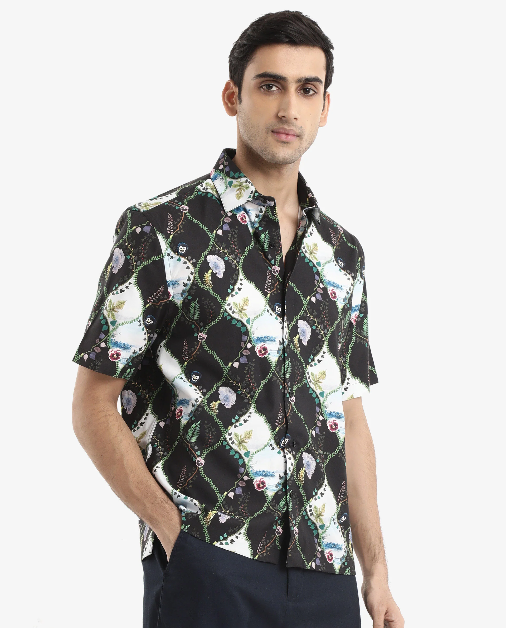 Rare Rabbit Men's Pran Black Viscose Floral Print Regular Fit Half Sleeve Collared Shirt - Image 5