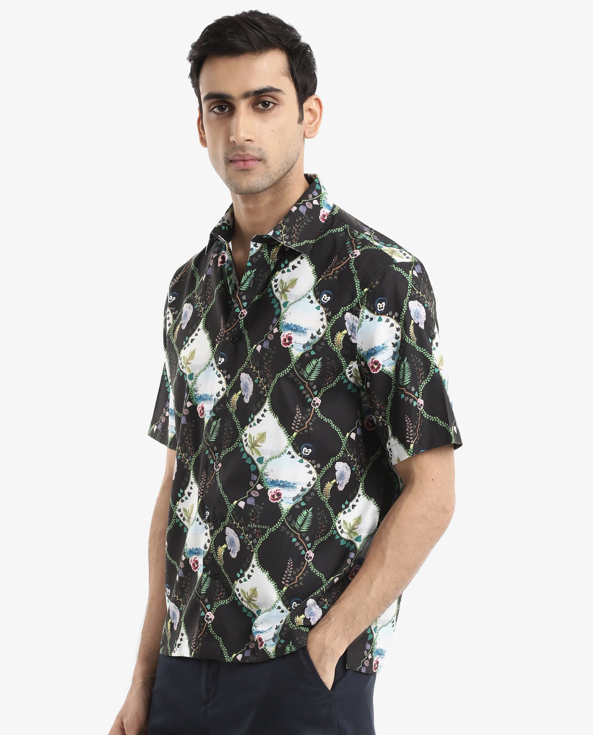 Rare Rabbit Men's Pran Black Viscose Floral Print Regular Fit Half Sleeve Collared Shirt - Image 6