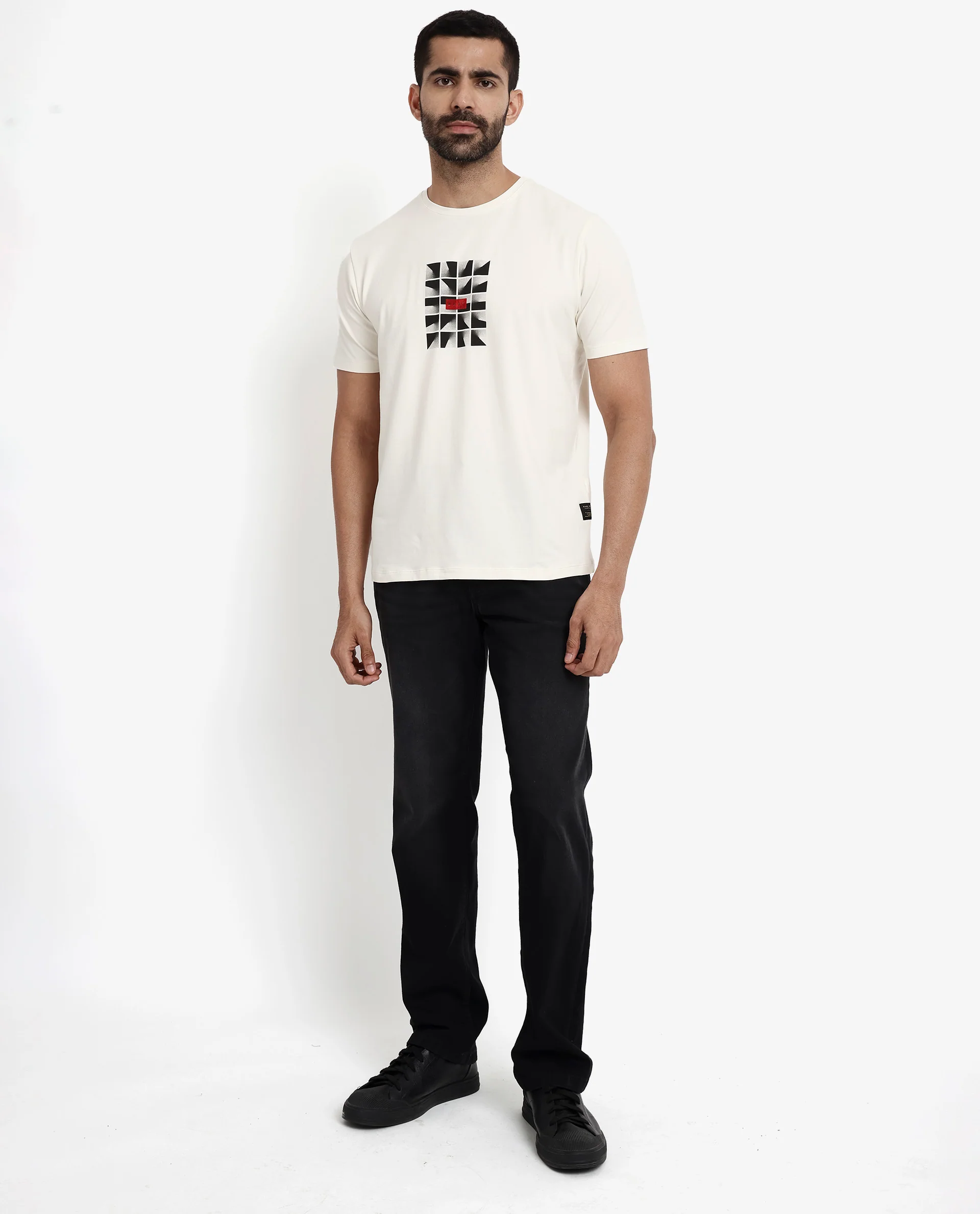 Rare Rabbit Men's Pran Off White Cotton Graphic Print Regular Fit Half Sleeve Crew Neck T-Shirt - Image 2