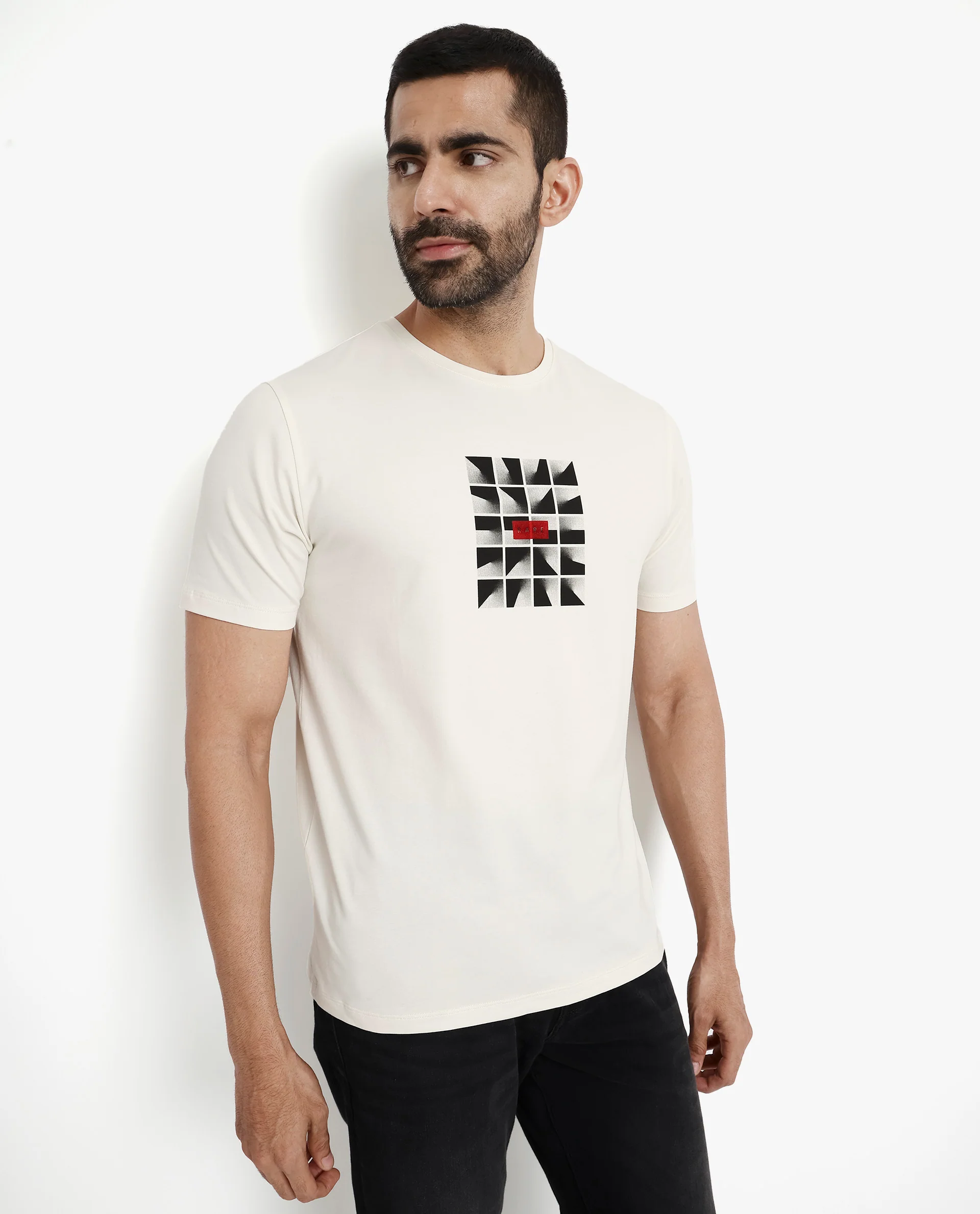 Rare Rabbit Men's Pran Off White Cotton Graphic Print Regular Fit Half Sleeve Crew Neck T-Shirt - Image 3