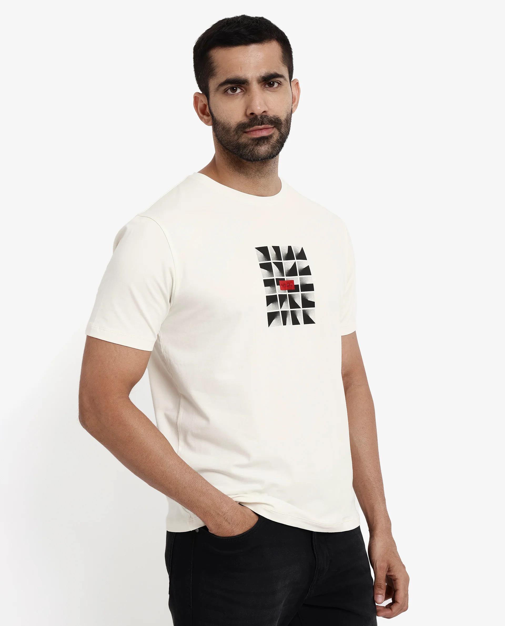Rare Rabbit Men's Pran Off White Cotton Graphic Print Regular Fit Half Sleeve Crew Neck T-Shirt - Image 6