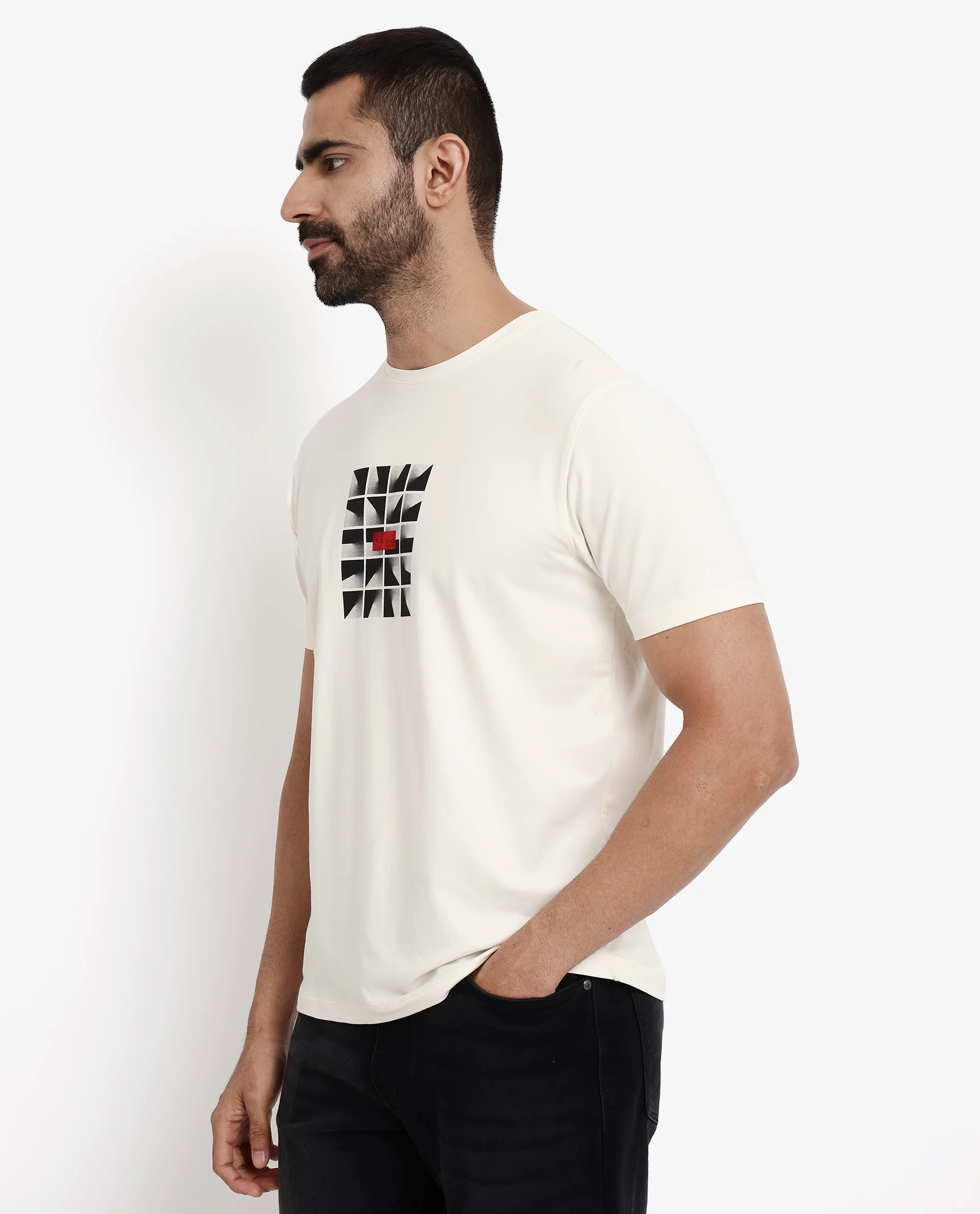 Rare Rabbit Men's Pran Off White Cotton Graphic Print Regular Fit Half Sleeve Crew Neck T-Shirt - Image 8