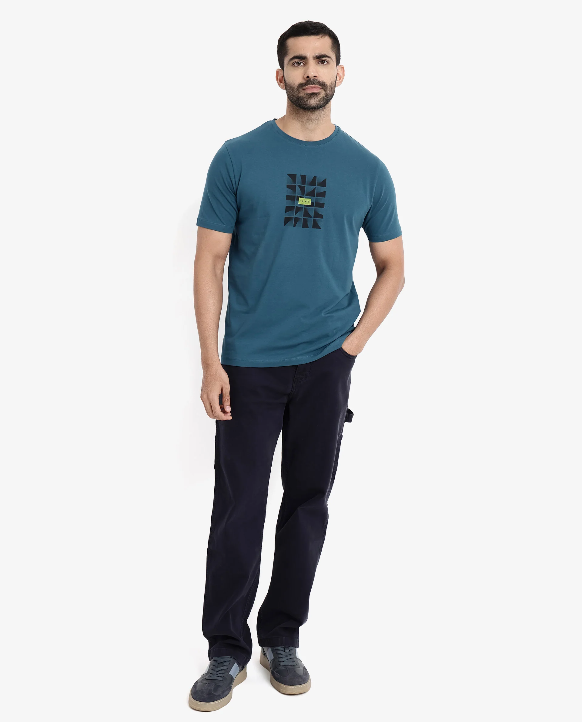Rare Rabbit Men's Pran Turq Cotton Graphic Print Regular Fit Half Sleeve Crew Neck T-Shirt - Image 2