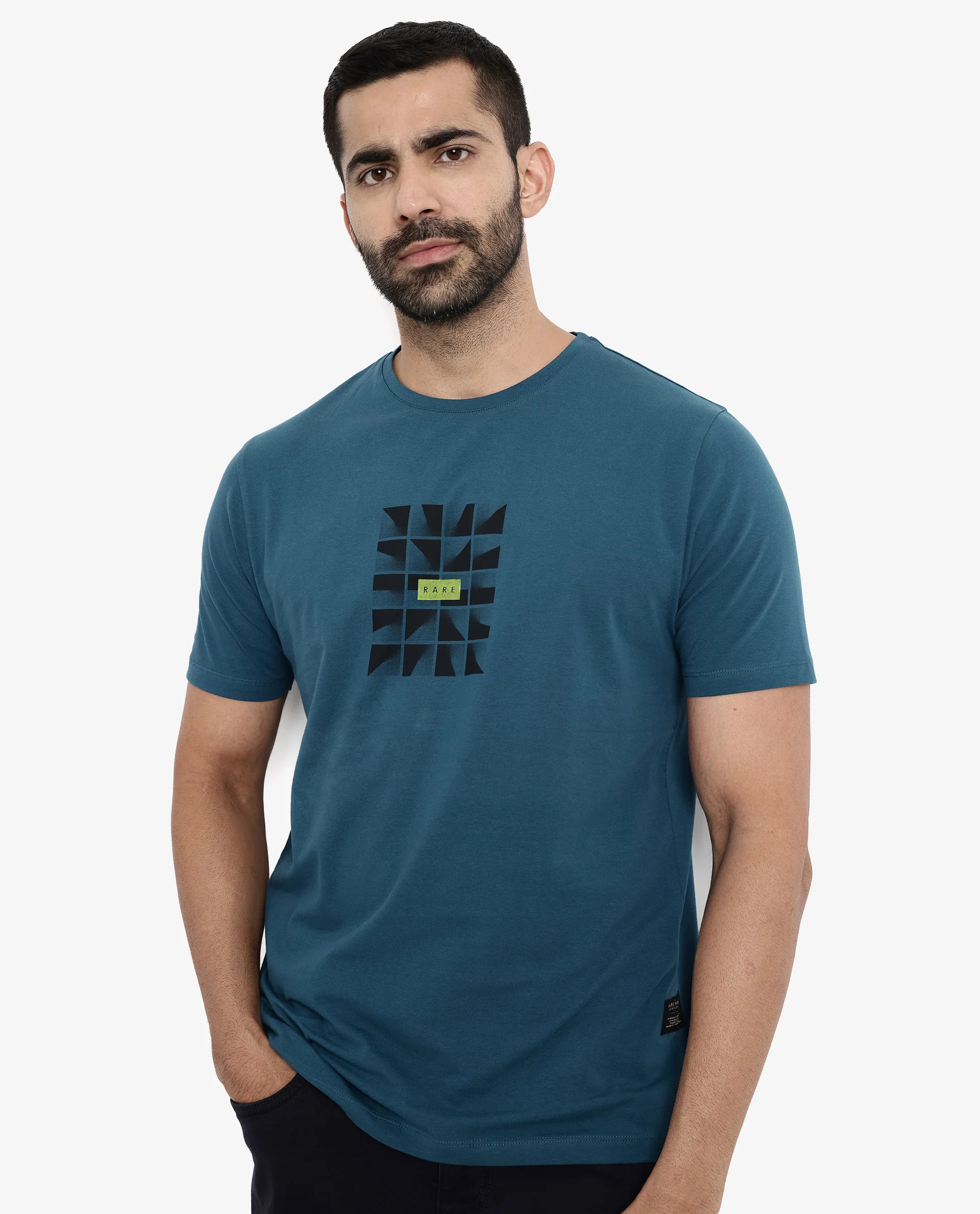 Rare Rabbit Men's Pran Turq Cotton Graphic Print Regular Fit Half Sleeve Crew Neck T-Shirt - Image 3