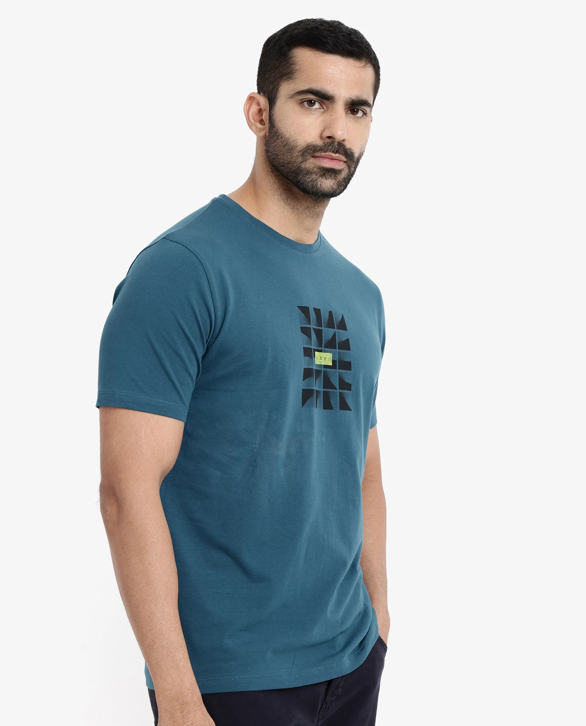 Rare Rabbit Men's Pran Turq Cotton Graphic Print Regular Fit Half Sleeve Crew Neck T-Shirt - Image 6