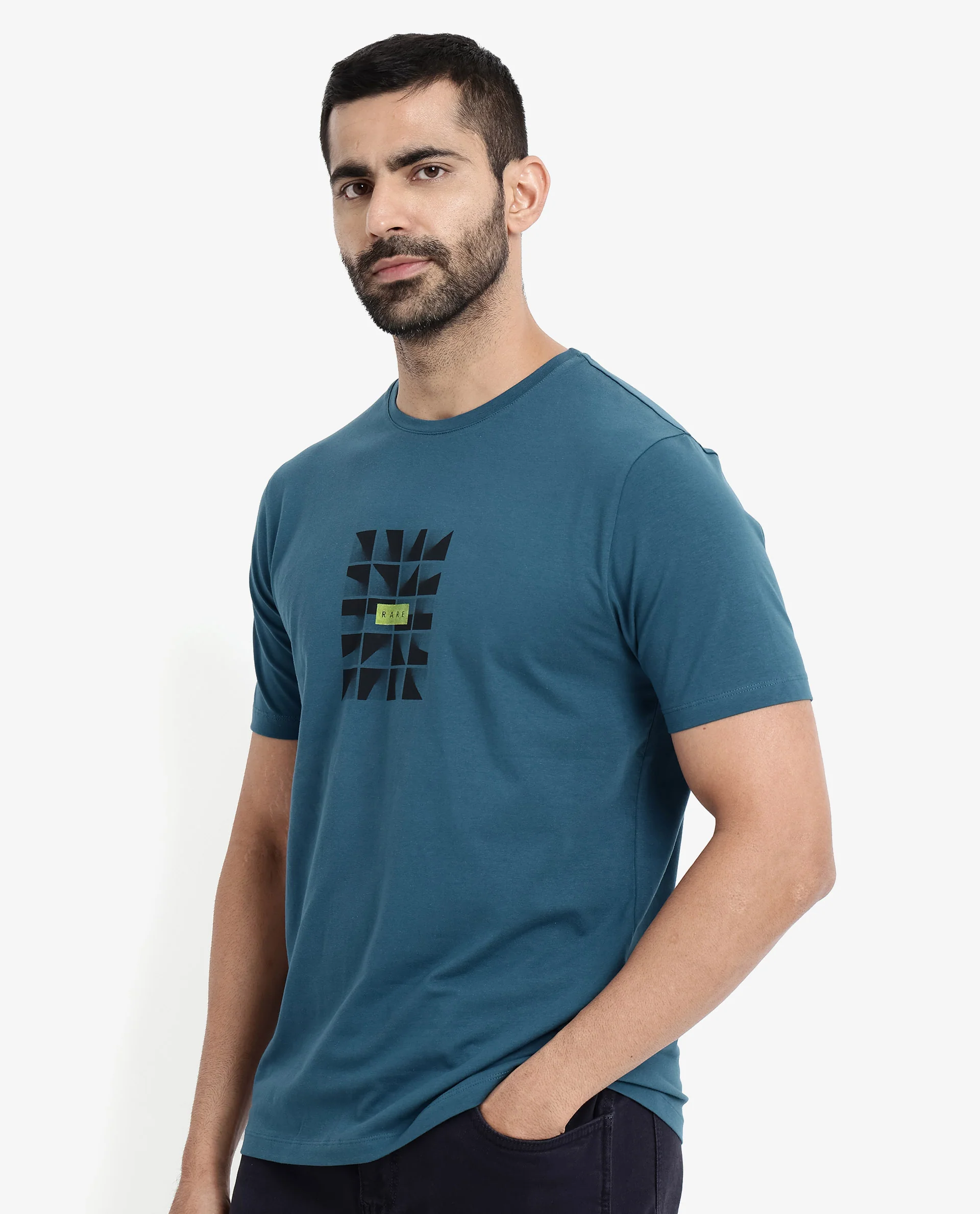 Rare Rabbit Men's Pran Turq Cotton Graphic Print Regular Fit Half Sleeve Crew Neck T-Shirt - Image 8