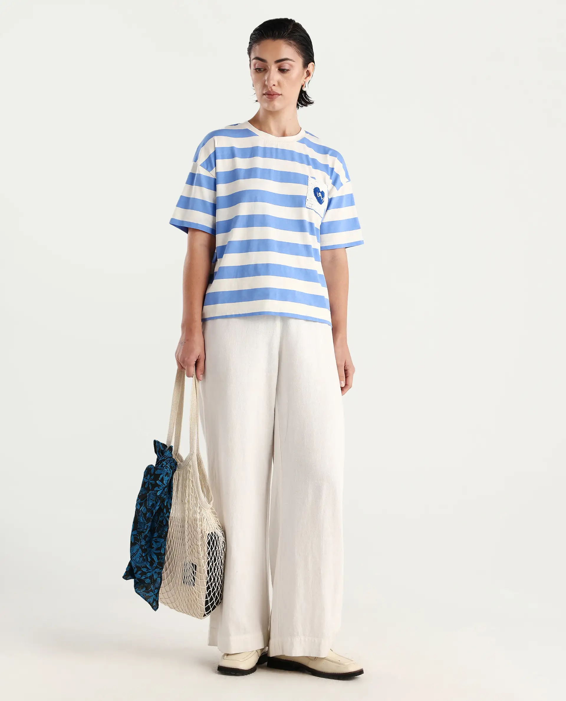 Rareism Women's Prandant Blue Cotton Blend Crew Neck Striped Boxy Fit T-Shirt - Image 2