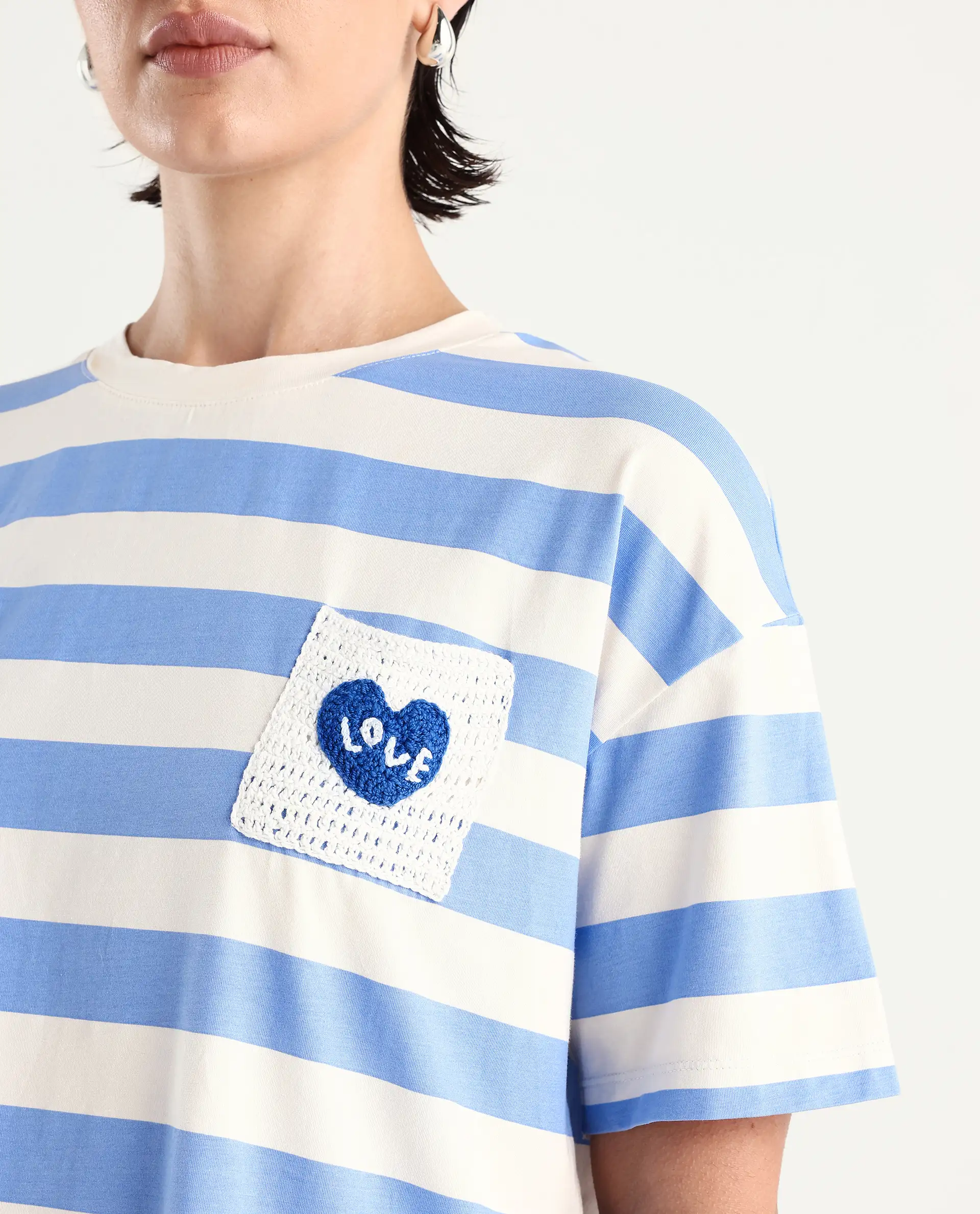 Rareism Women's Prandant Blue Cotton Blend Crew Neck Striped Boxy Fit T-Shirt - Image 3