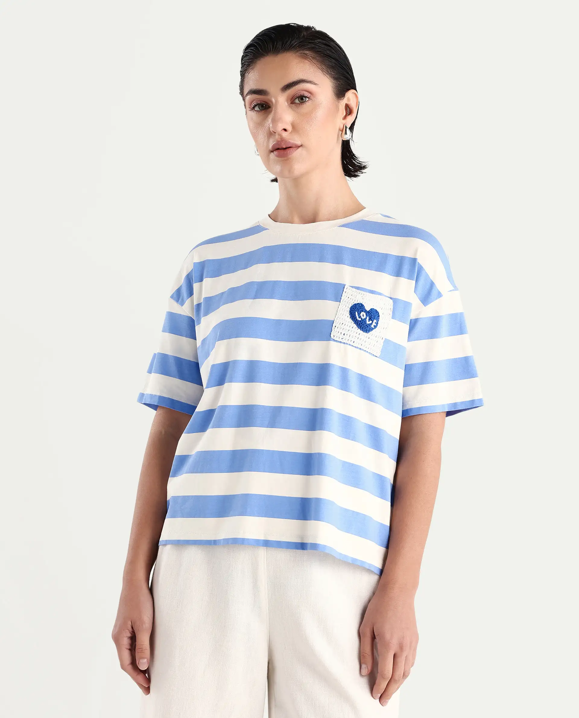 Rareism Women's Prandant Blue Cotton Blend Crew Neck Striped Boxy Fit T-Shirt - Image 4