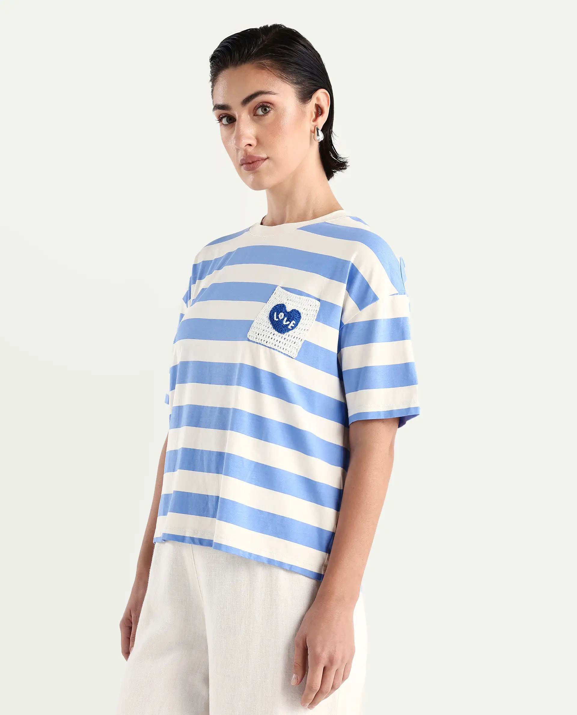 Rareism Women's Prandant Blue Cotton Blend Crew Neck Striped Boxy Fit T-Shirt - Image 5