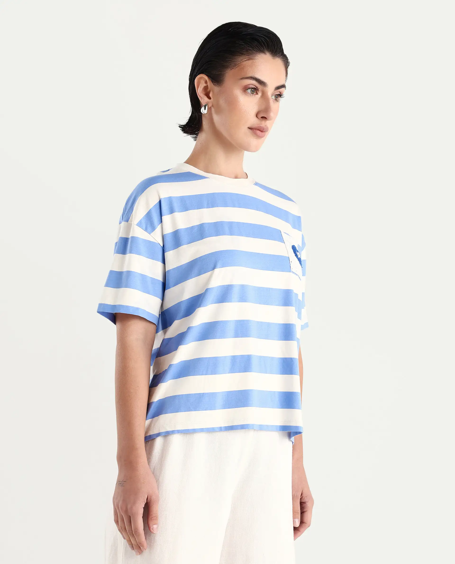 Rareism Women's Prandant Blue Cotton Blend Crew Neck Striped Boxy Fit T-Shirt - Image 6