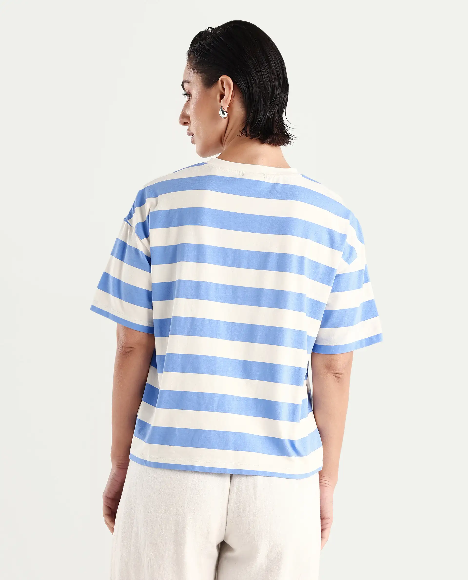 Rareism Women's Prandant Blue Cotton Blend Crew Neck Striped Boxy Fit T-Shirt - Image 7