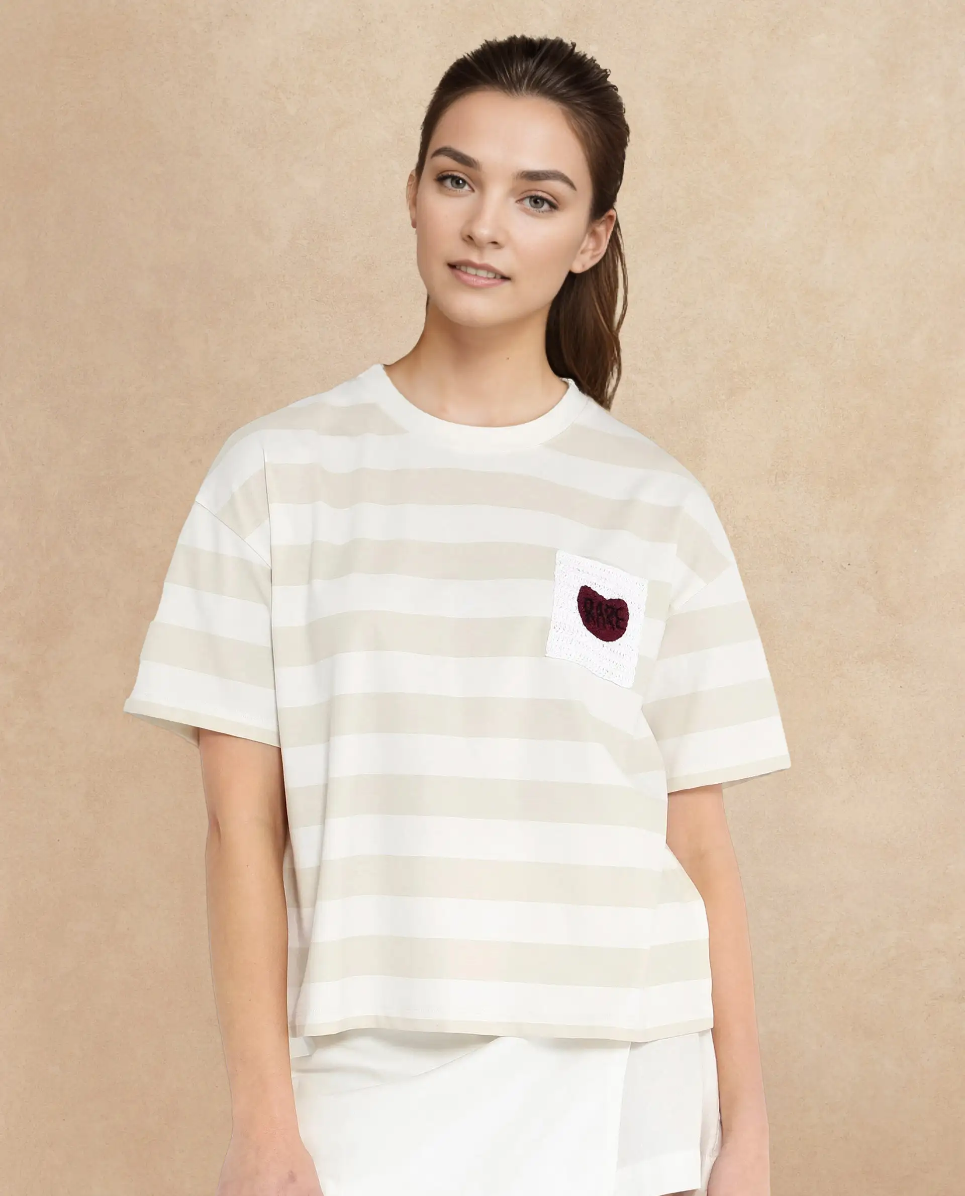 Rareism Women's Prandant Off White Cotton Blend Crew Neck Striped Boxy Fit T-Shirt