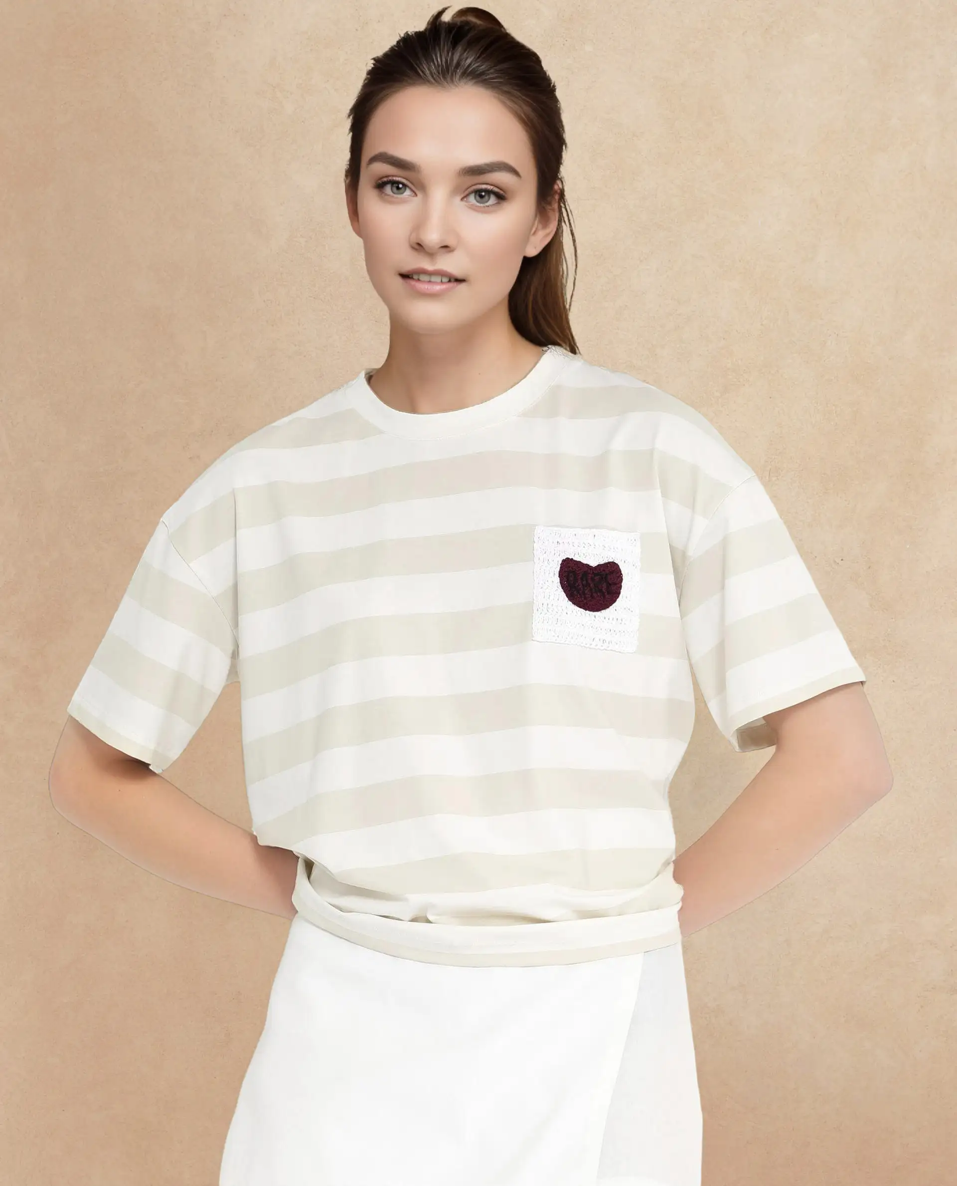 Rareism Women's Prandant Off White Cotton Blend Crew Neck Striped Boxy Fit T-Shirt - Image 2