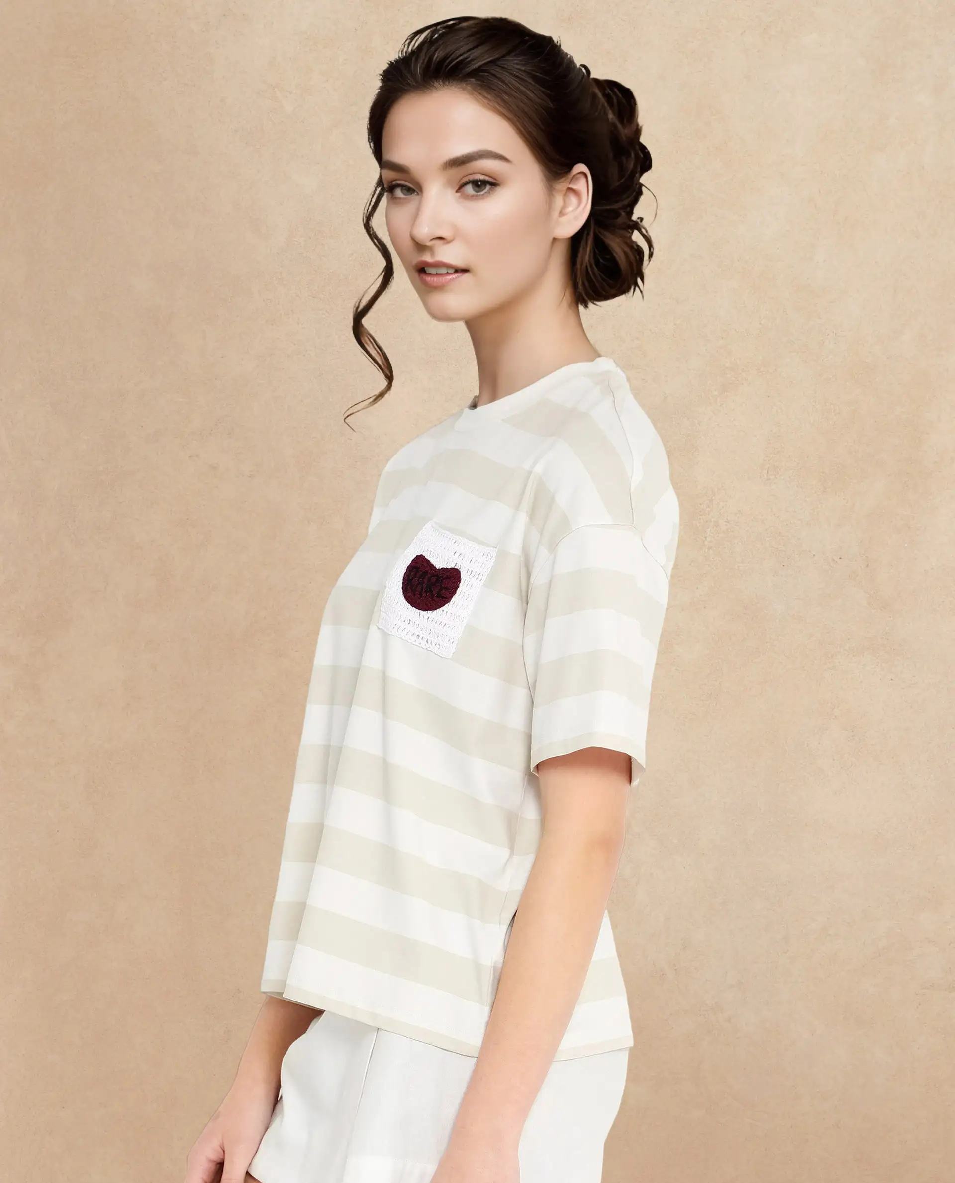 Rareism Women's Prandant Off White Cotton Blend Crew Neck Striped Boxy Fit T-Shirt - Image 3