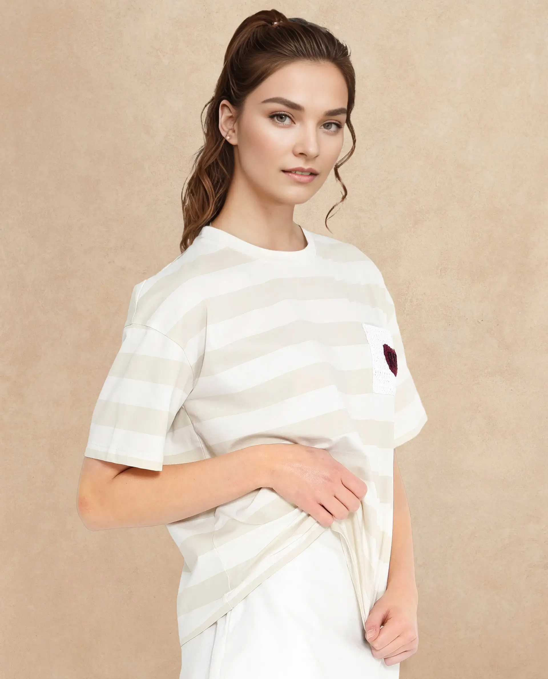 Rareism Women's Prandant Off White Cotton Blend Crew Neck Striped Boxy Fit T-Shirt - Image 4