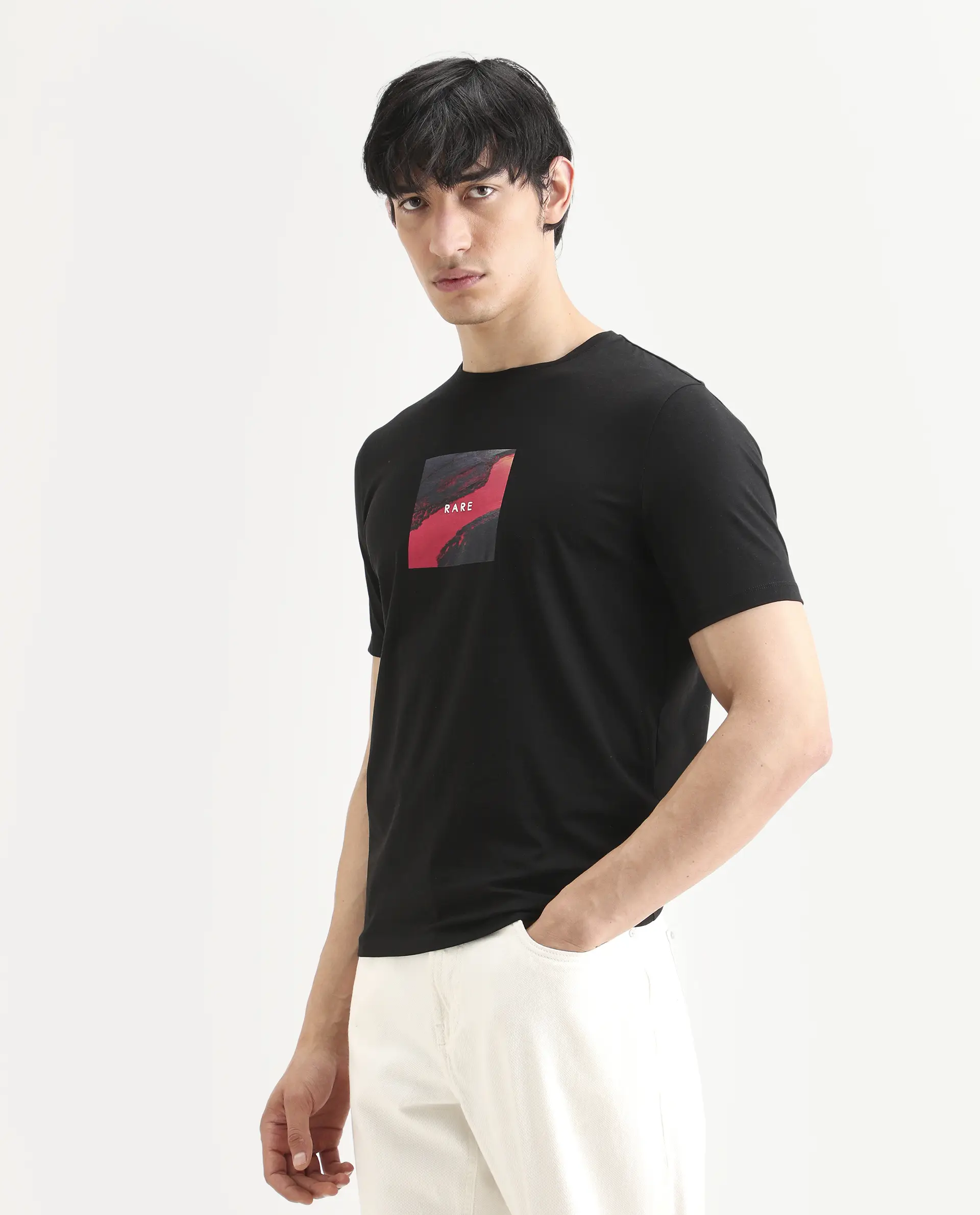 Rare Rabbit Men's Prano Black Cotton Blend Fabric Half Sleeve Crew Neck Regular Fit Graphic Print T-Shirt - Image 4