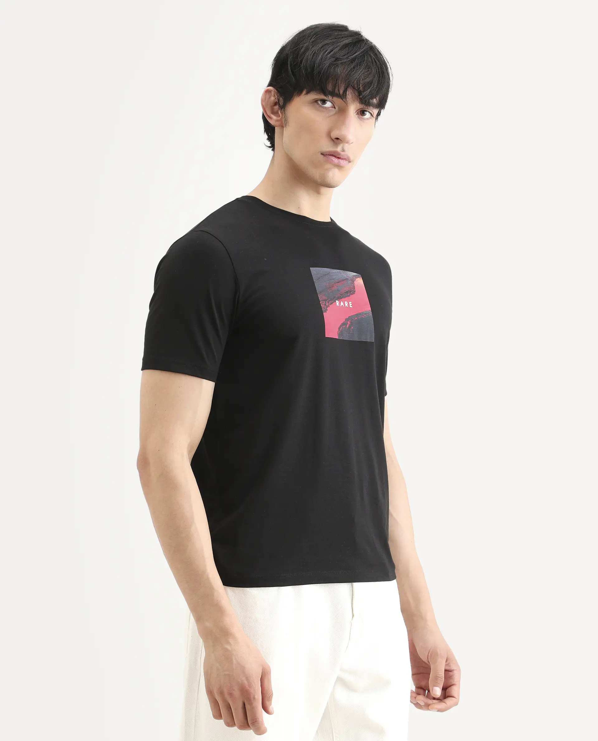 Rare Rabbit Men's Prano Black Cotton Blend Fabric Half Sleeve Crew Neck Regular Fit Graphic Print T-Shirt - Image 5